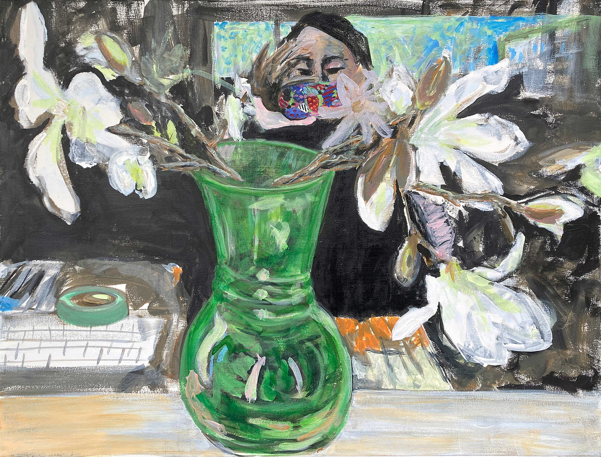 Studio Reflections (accidental selfie), 36"x27", acrylic on canvas, 2024