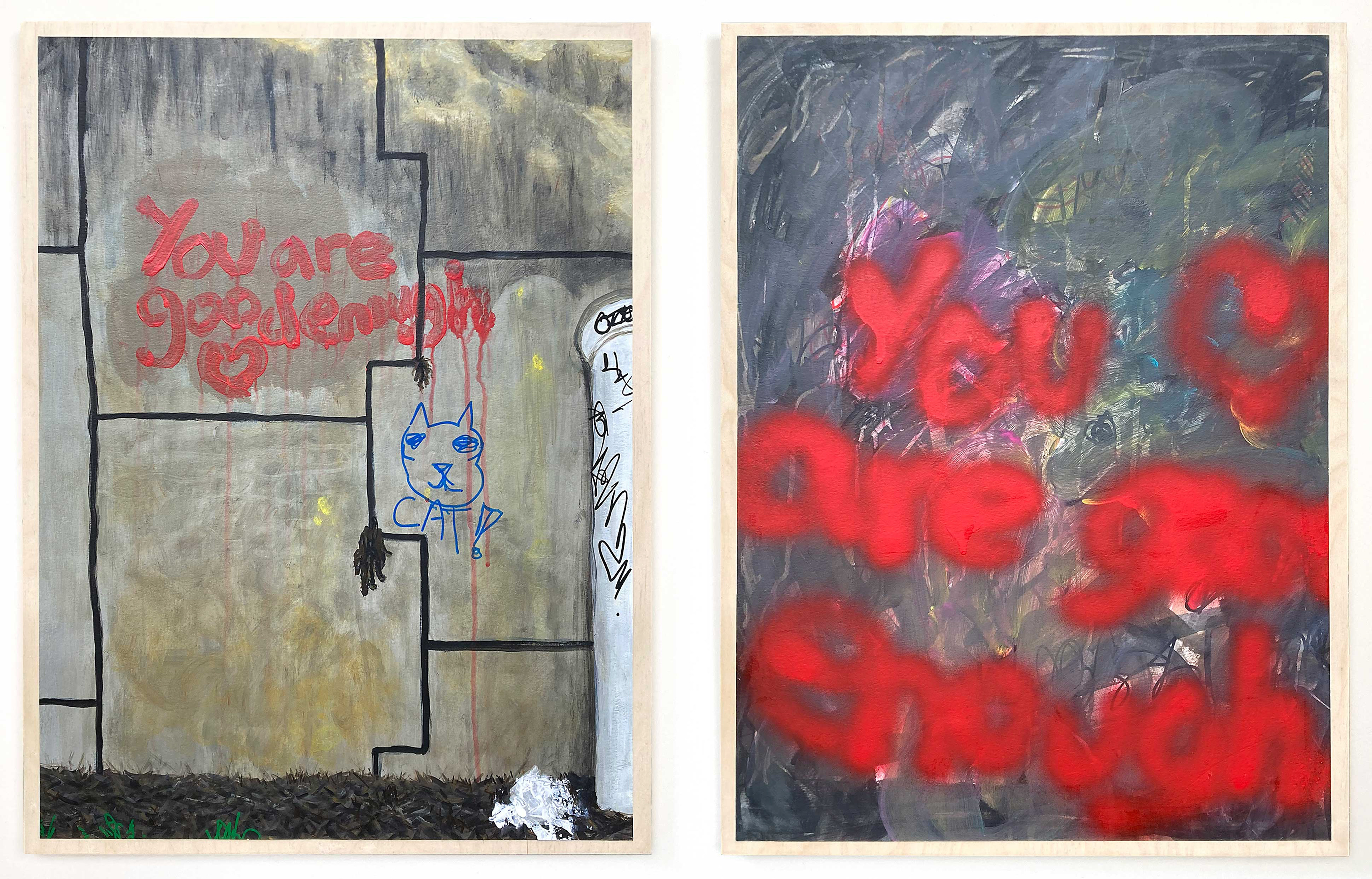 You are good enough ❤️ / You ❤️ are goo enough, 38"x24", acrylic on paper mounted on two 18"x24" birch panels, 2024