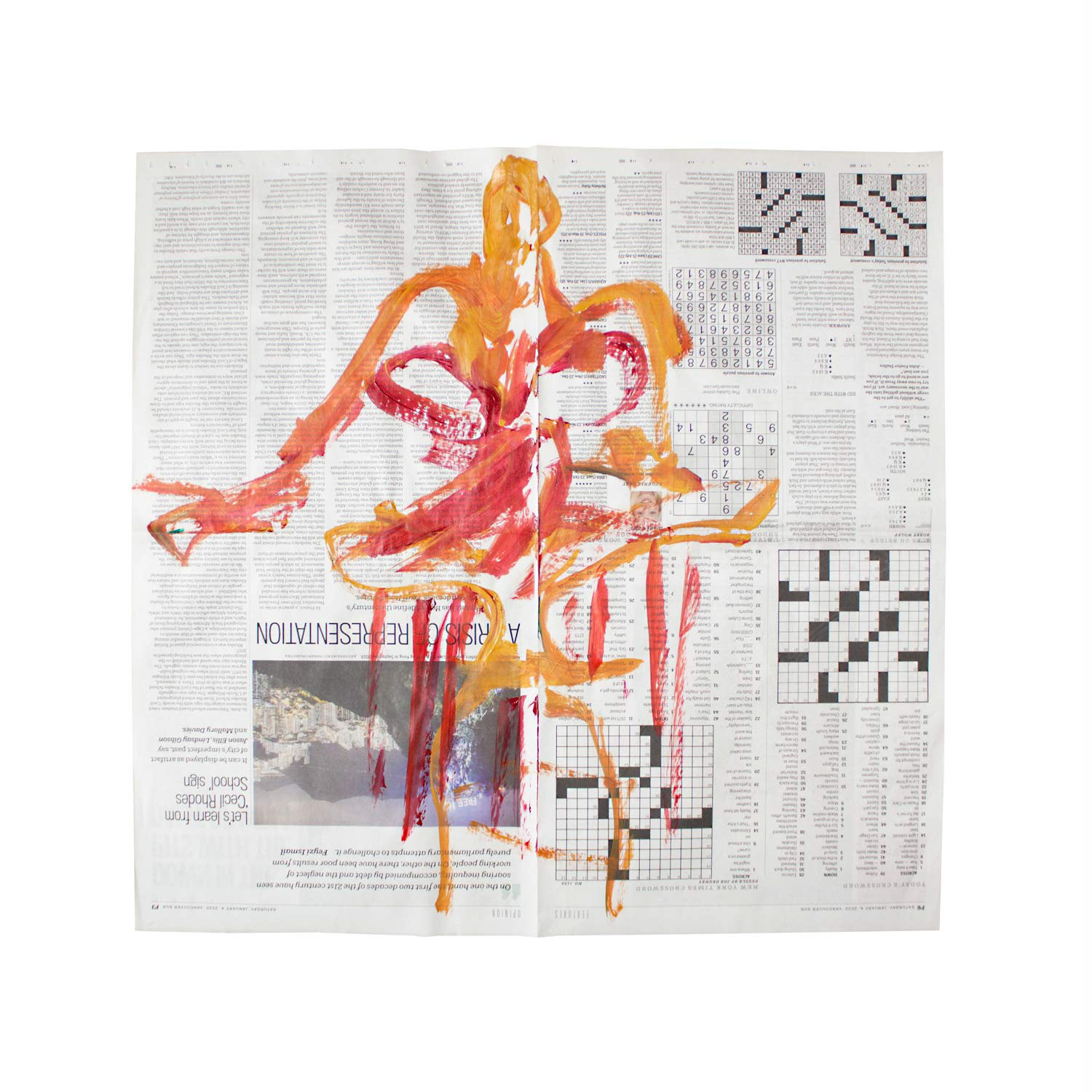 Livestream Life: A Crisis of Representation, acrylic on newsprint, 21.5" x 20.5", 2020