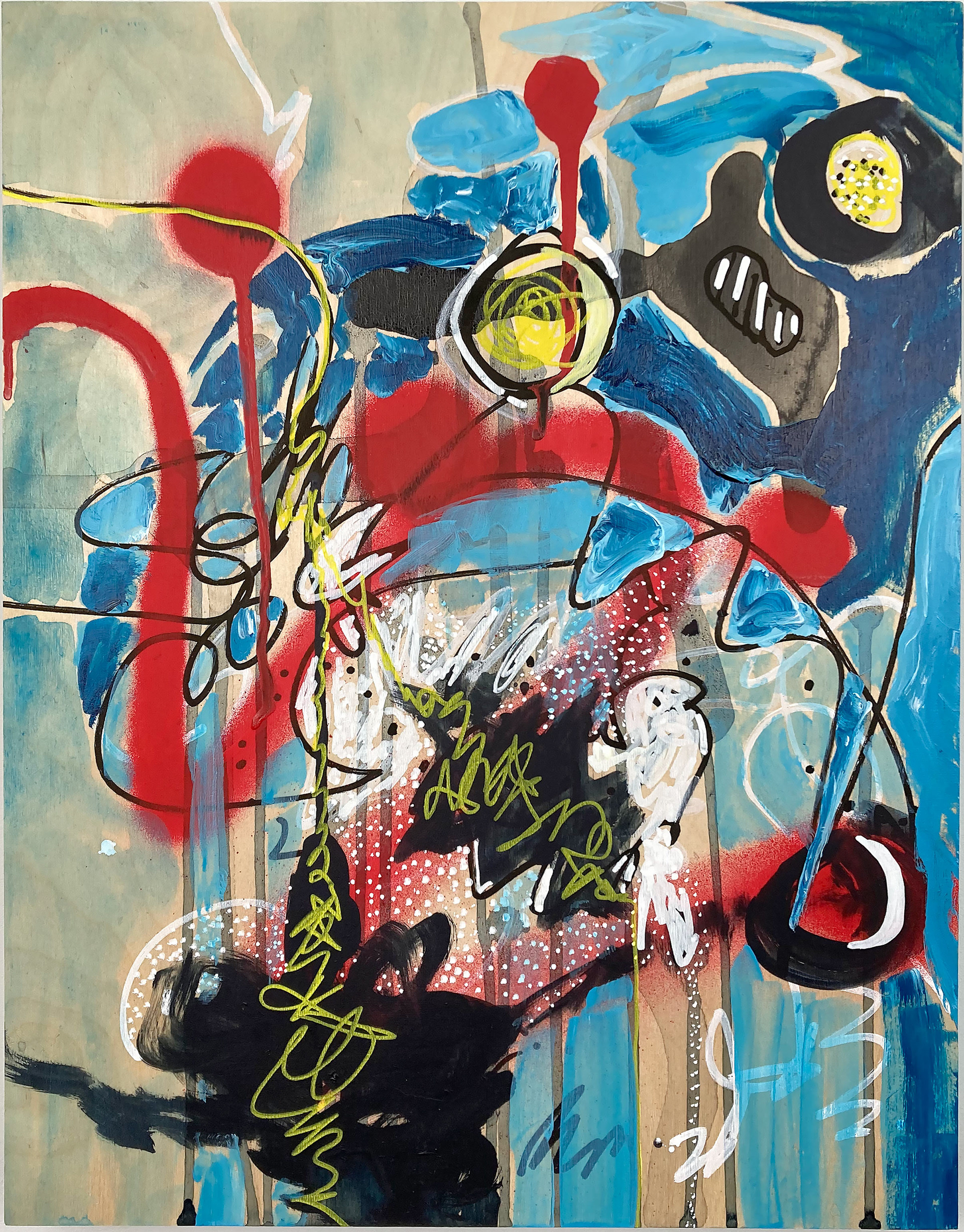 Moon and sun in times of floods and violence, 14"x18", acrylic on birch panel, 2025