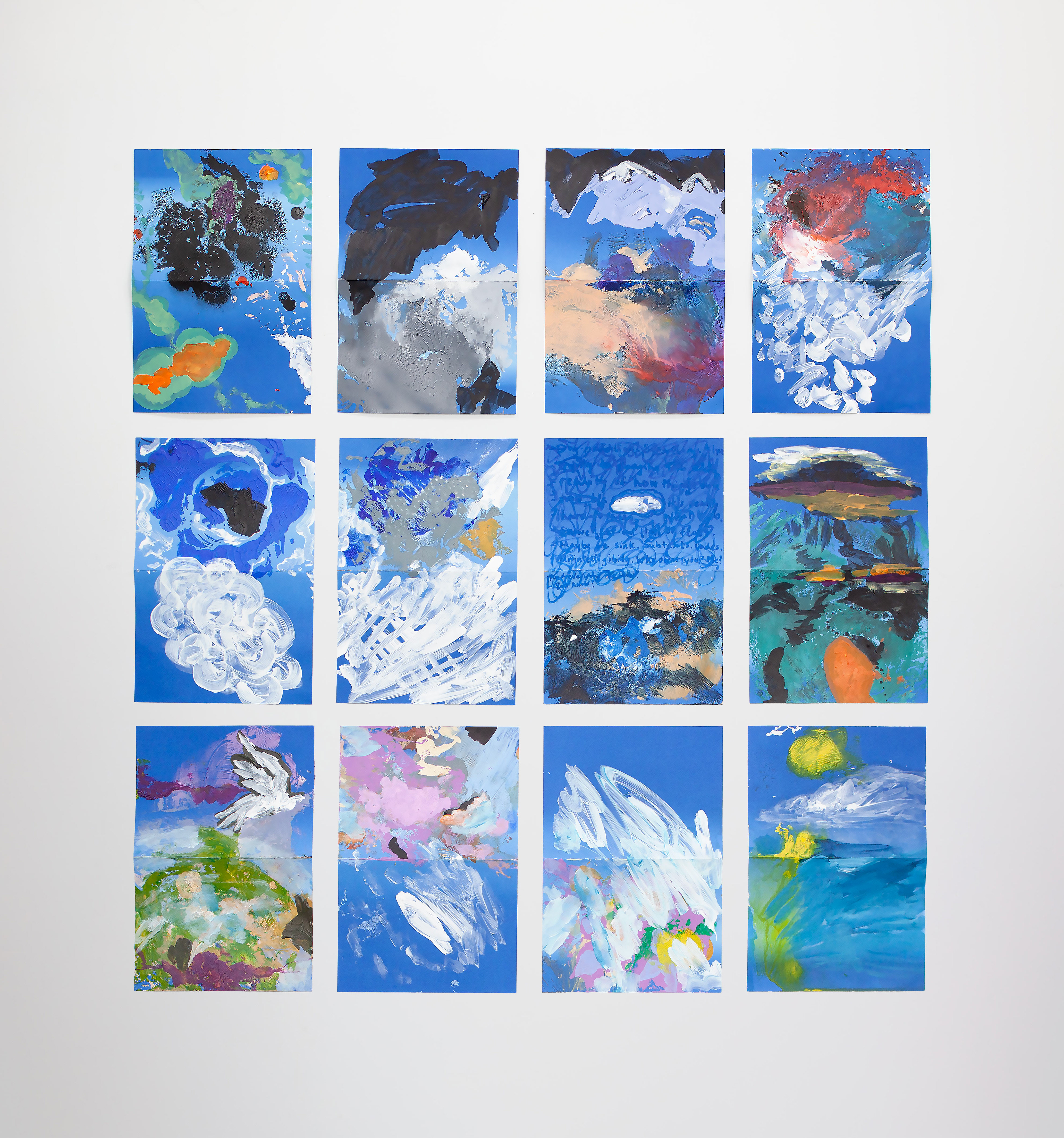 The homework, 6.5"x10" each piece (dimensions variable installed), acrylic on printed paper, 2025