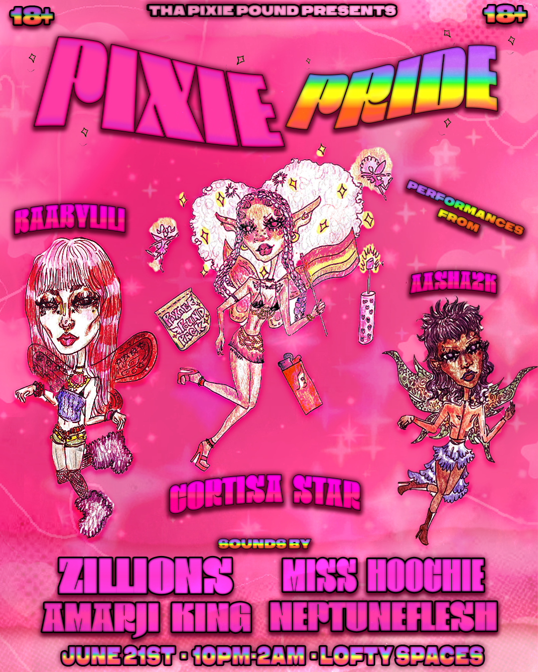 PIXIE PRIDE flyer for @thapixiepound Pride Event, June 2024. Pixie drawings by Heaven-Leigh @heavenab0ve
