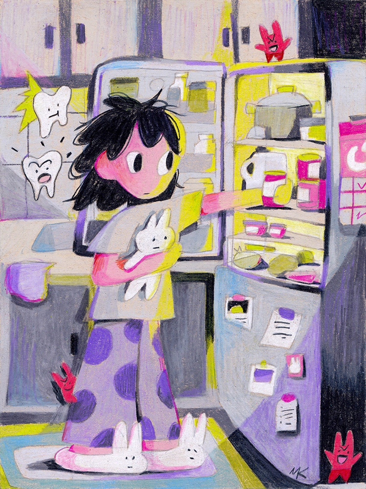 Toothache, 6" x 8", Pencil Crayon on Toned Paper, 2025