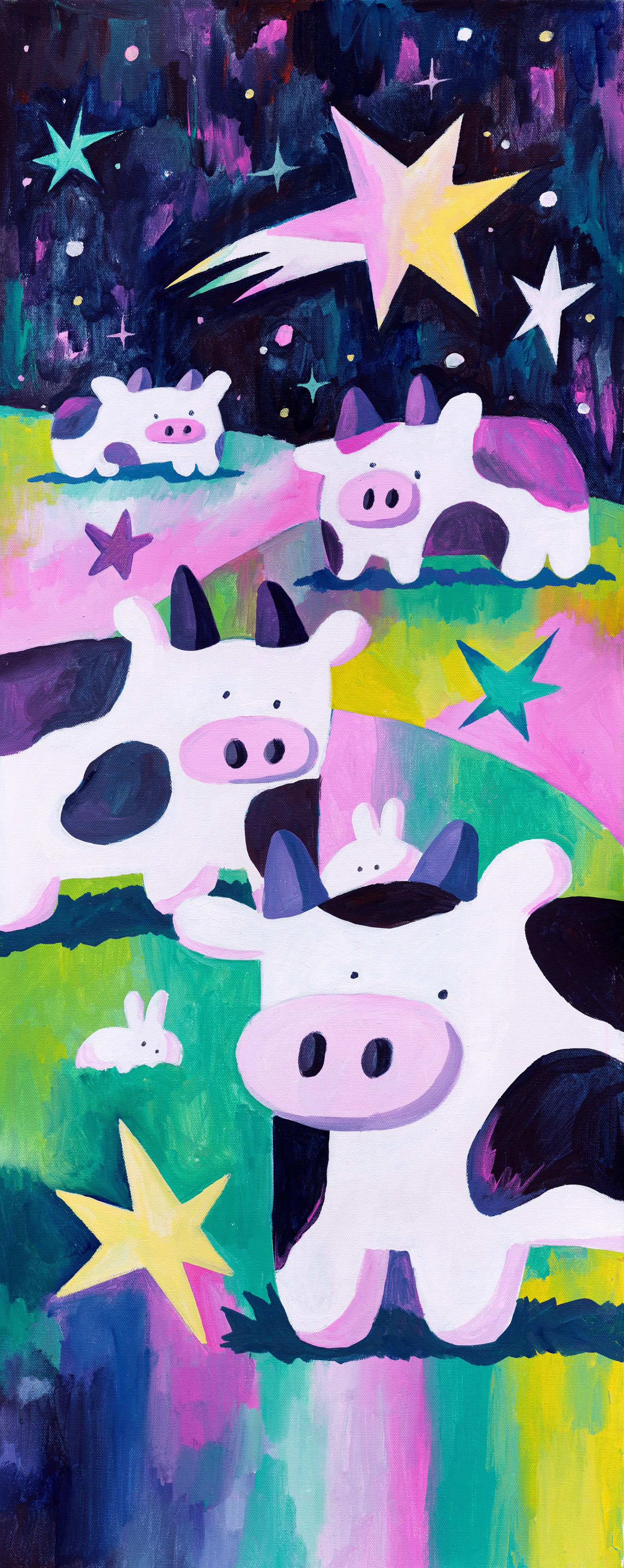 Midnight Cows, 16" x 40", Acrylic on Canvas, 2024
