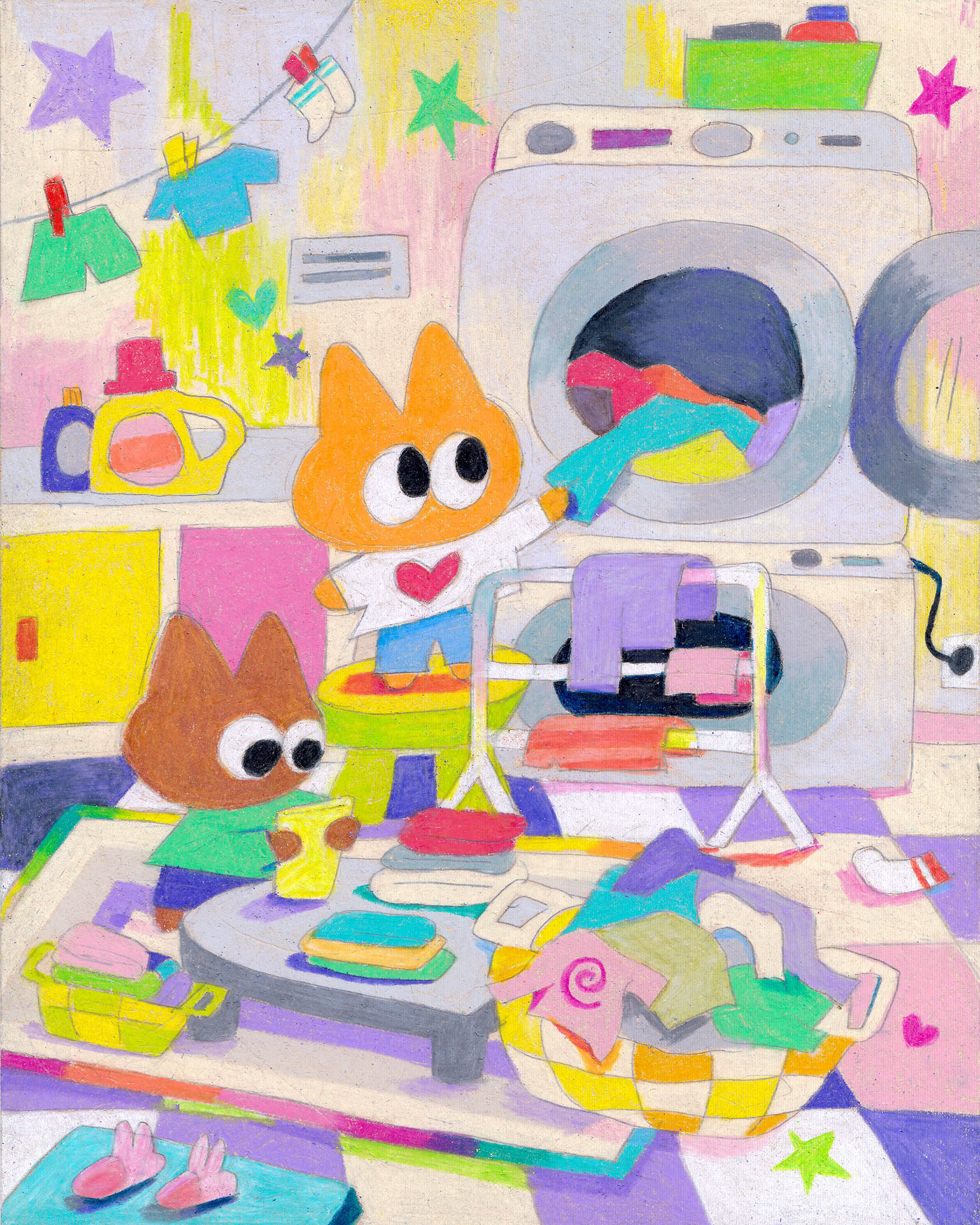 Laundry Day, 6" x 8", Pencil Crayon on Toned Paper, 2025