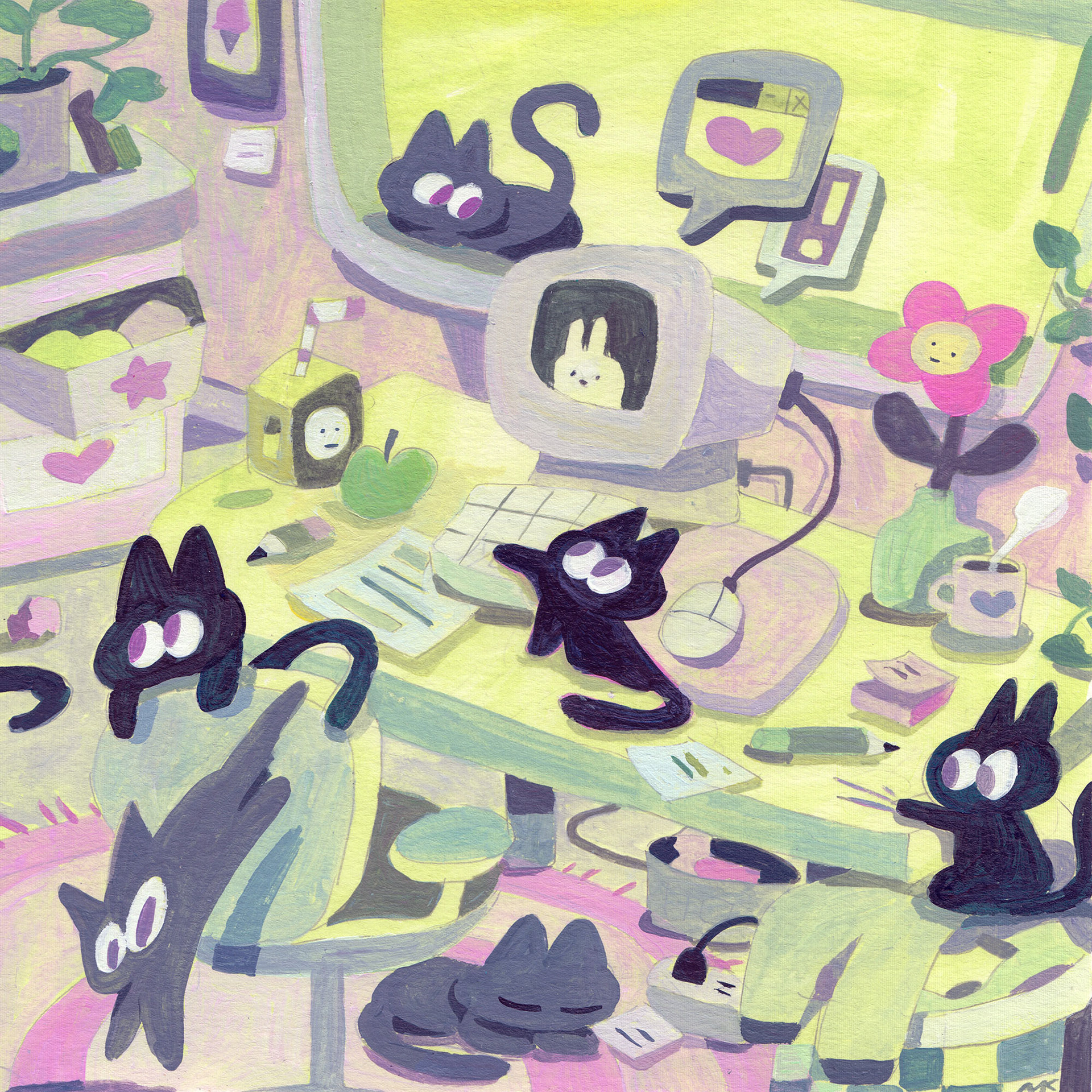 Cats in the Computer Room, 8" x 8", Acrylic on Paper, 2024