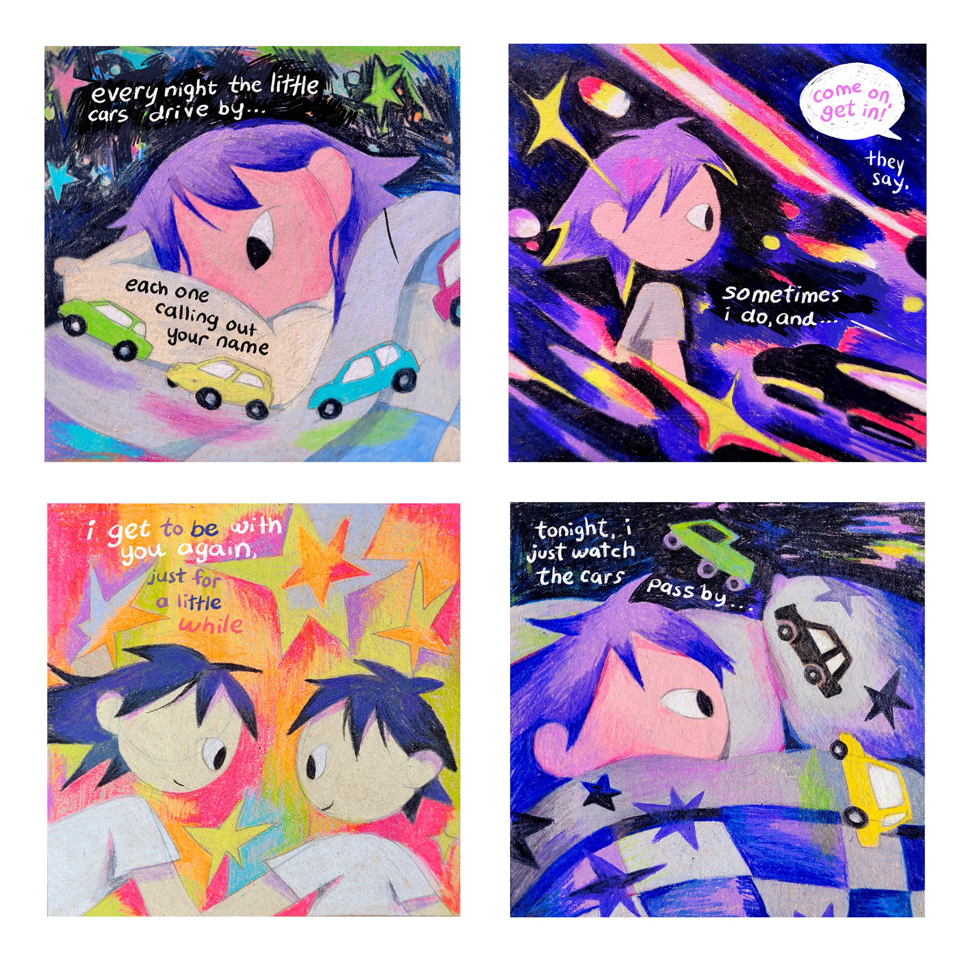 Little Cars, 4" x 4" Panels, Pencil Crayon on Toned Paper & Digital, 2025