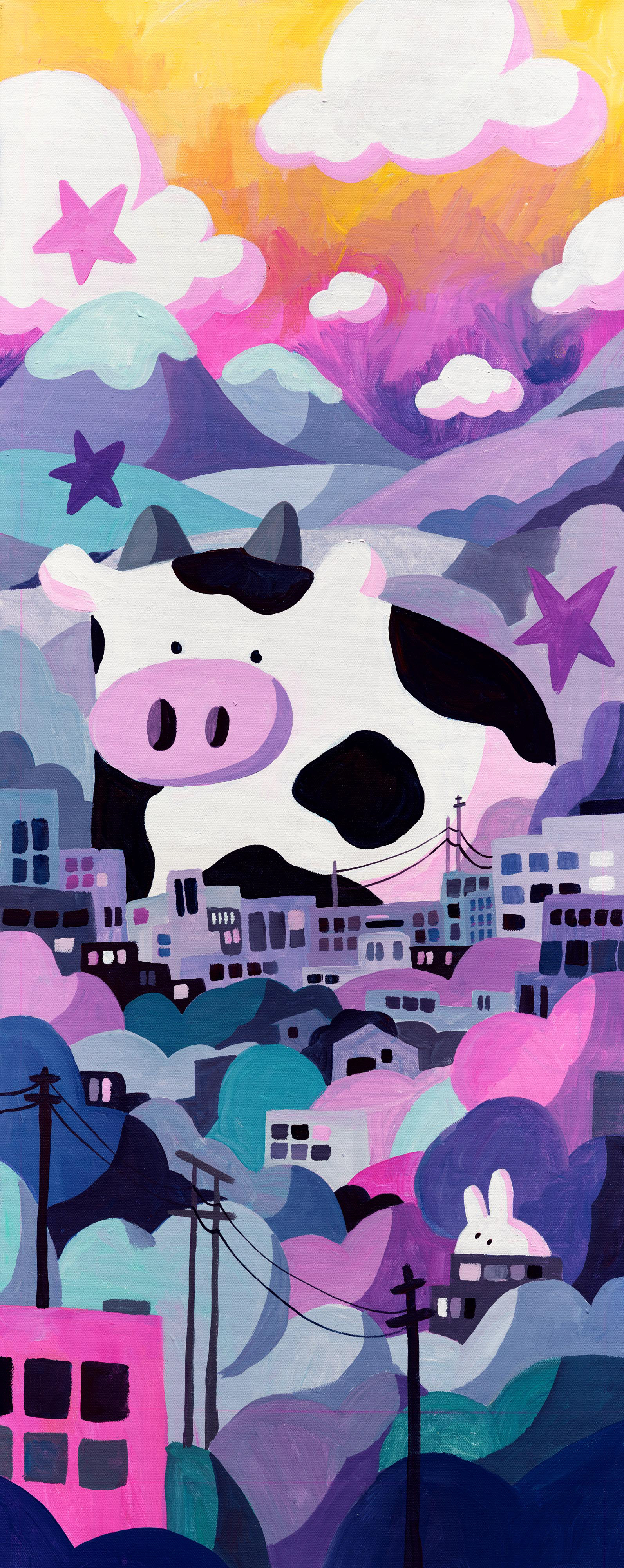 Cow City, 16" x 40", Acrylic on Canvas, 2024