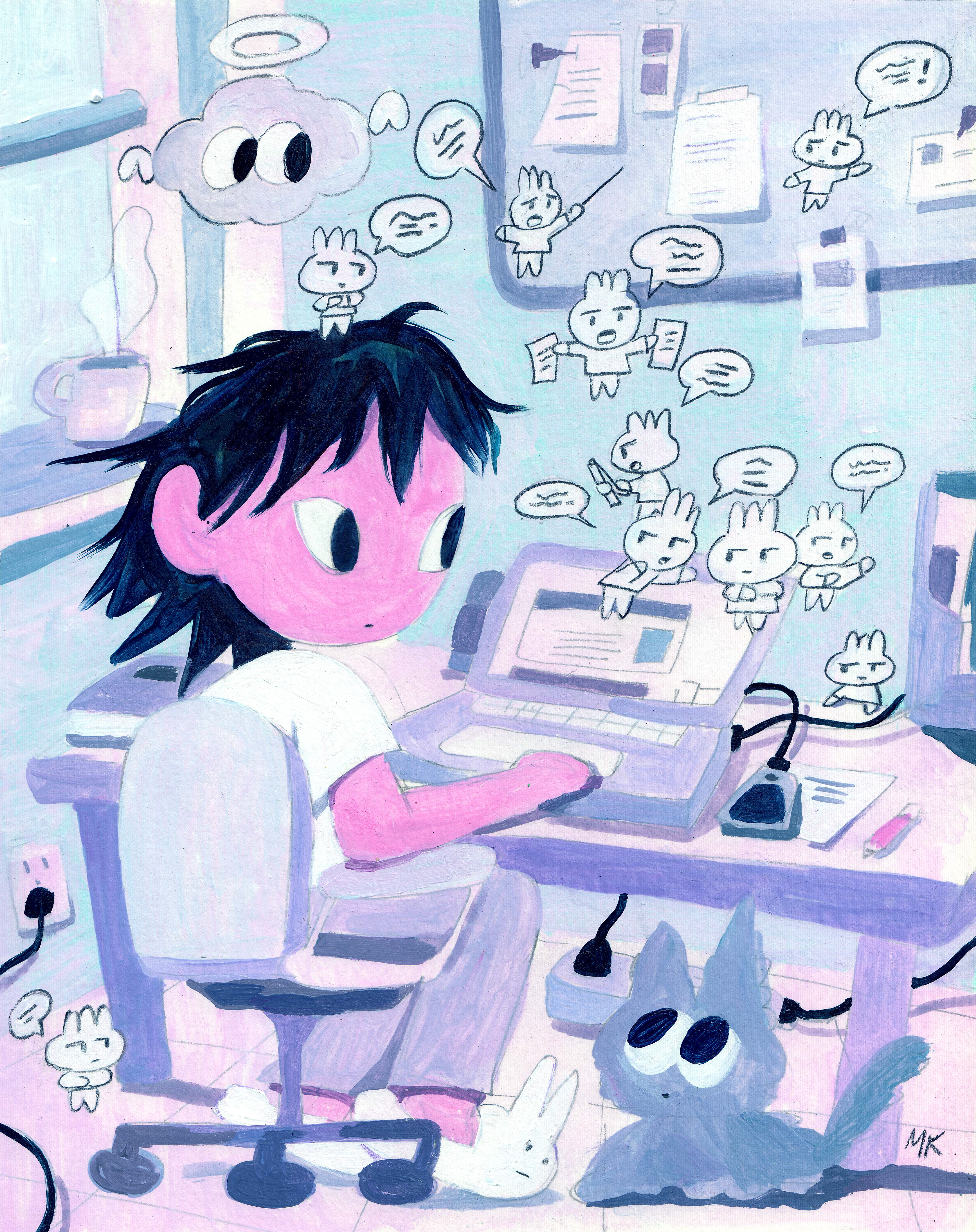 Inner Critic Attack, 8" x 10", Acrylic Paint & Pencil Crayon, 2025