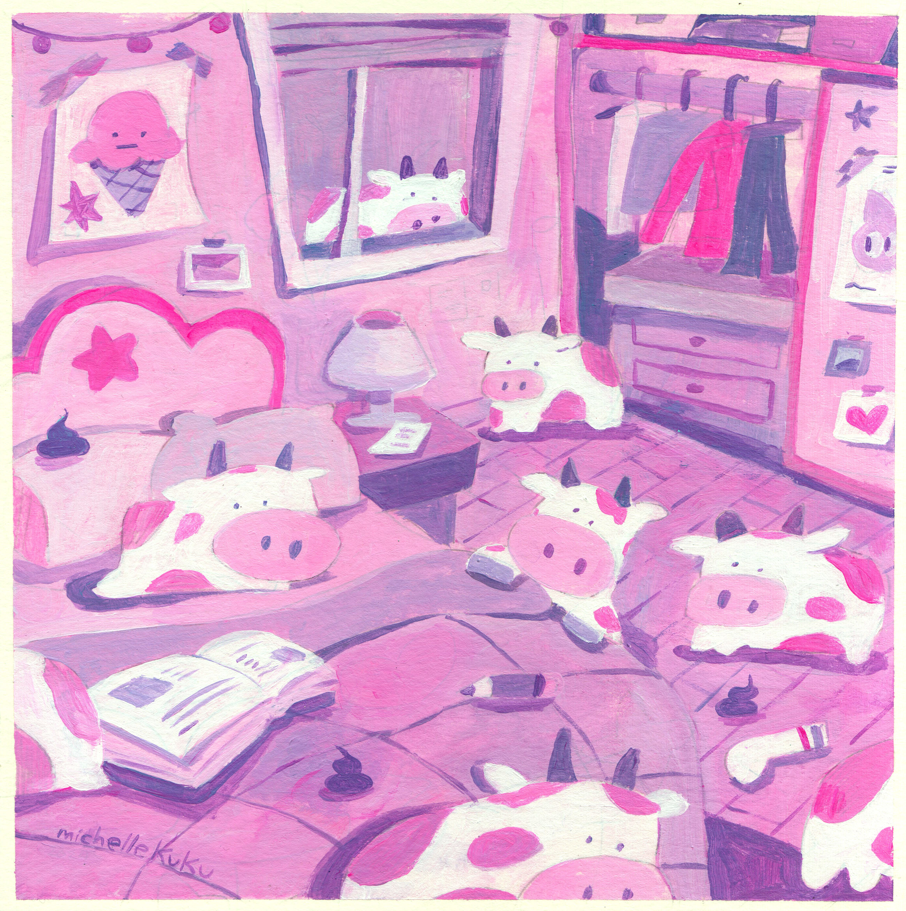 Cows in the Bedroom, 8" x 8", Acrylic on Paper, 2024