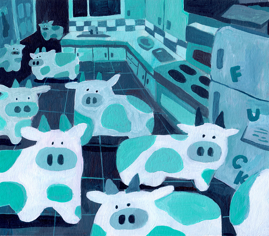 Cows in the Kitchen, Acrylic on Paper, 8" x 9", 2024