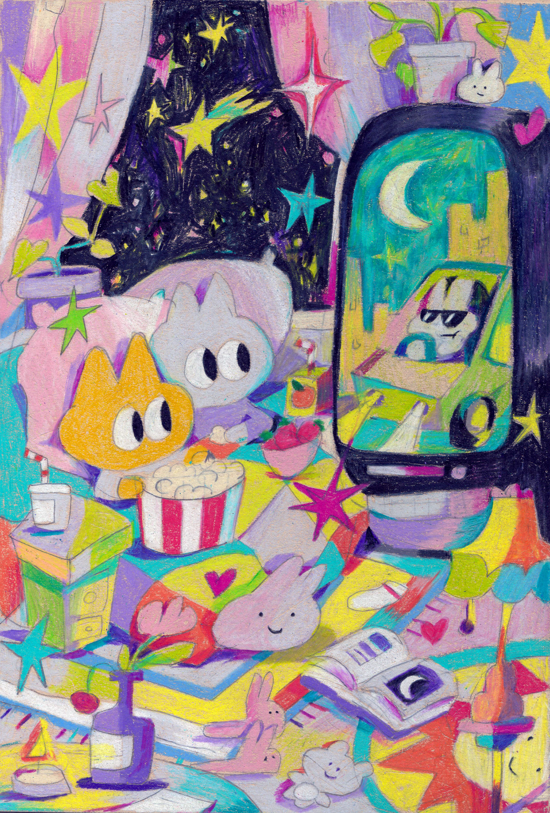 Movie Night! 5.5" x 8.5", Pencil Crayons on Toned Paper, 2024