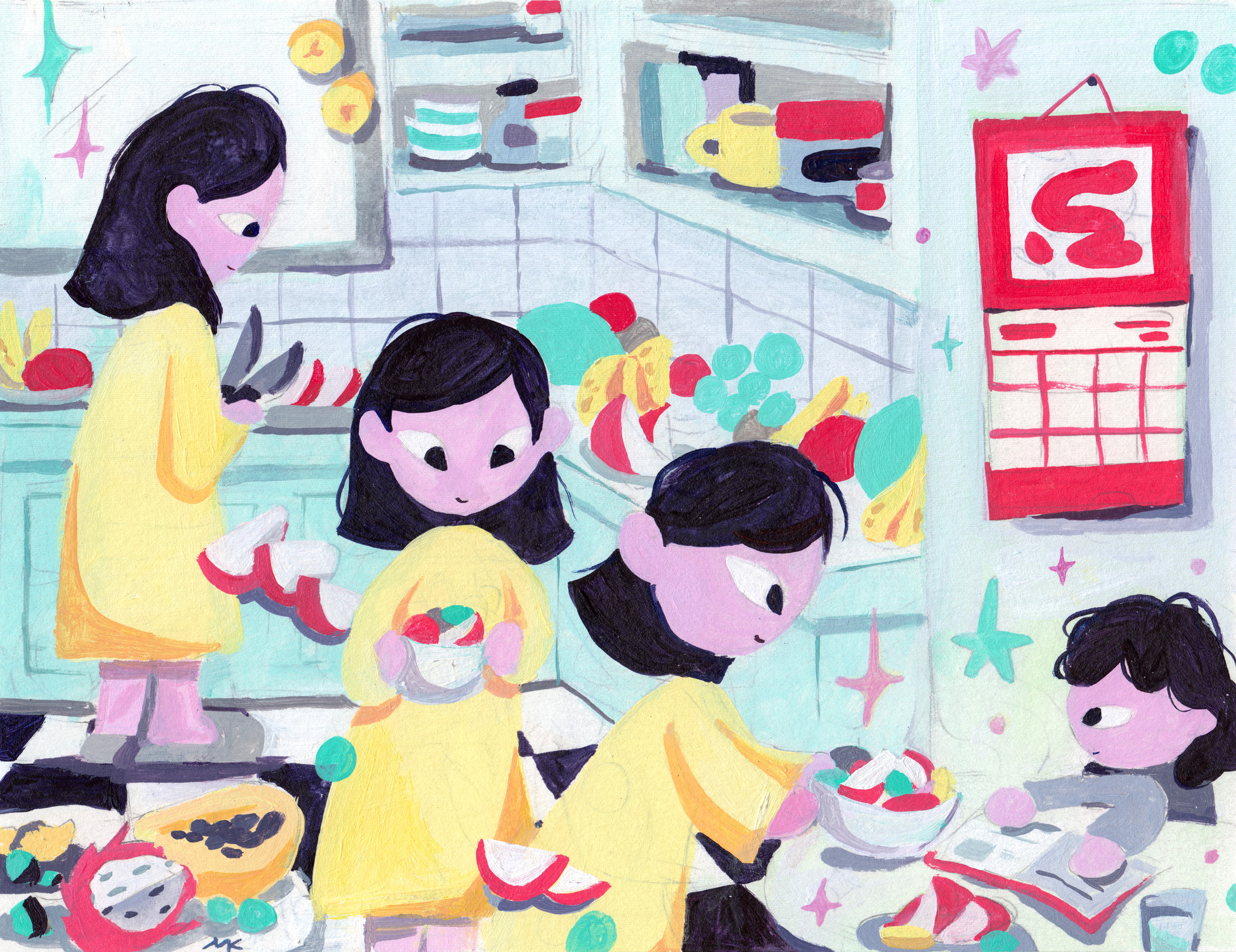 Sliced Fruits are their own Love Language, Acrylic on Paper 8" x 10", 2023