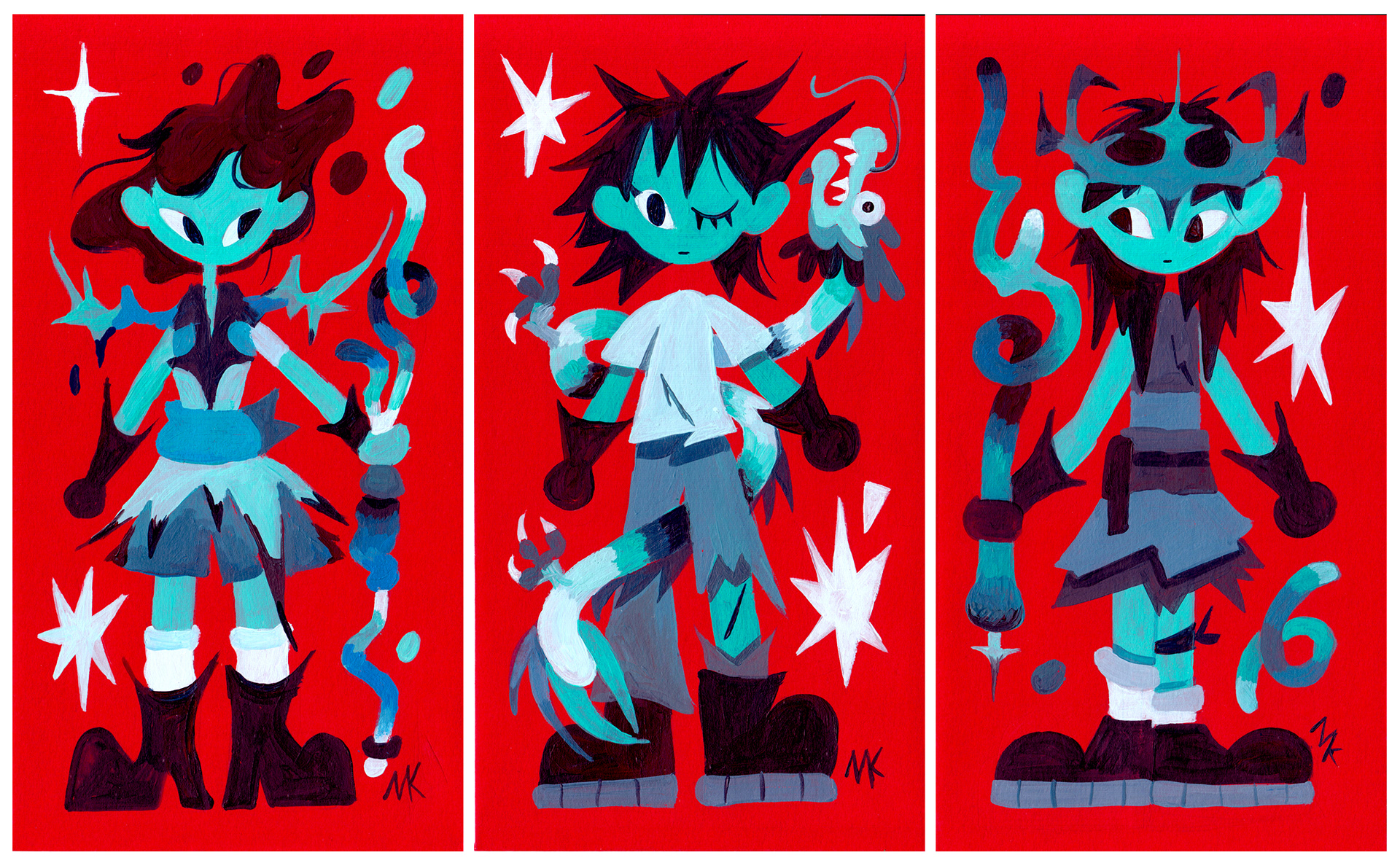 Dragon Keepers, Acrylic on Red Envelopes, 6.5" x 3.5" each, 2024