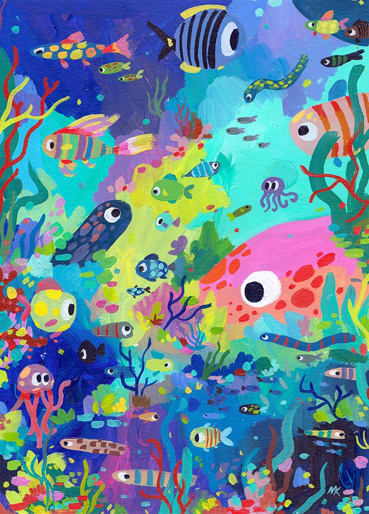 Fish Friends, 8.3" x 11" Acrylic on Paper, 2021