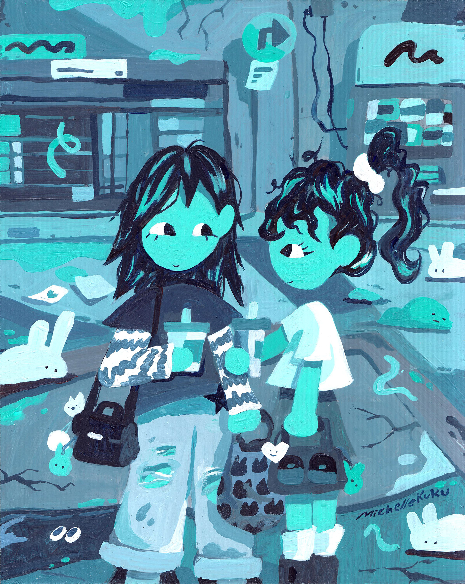 Adventures in Bunny City, 8" x 10", Acrylic on Panel, 2024