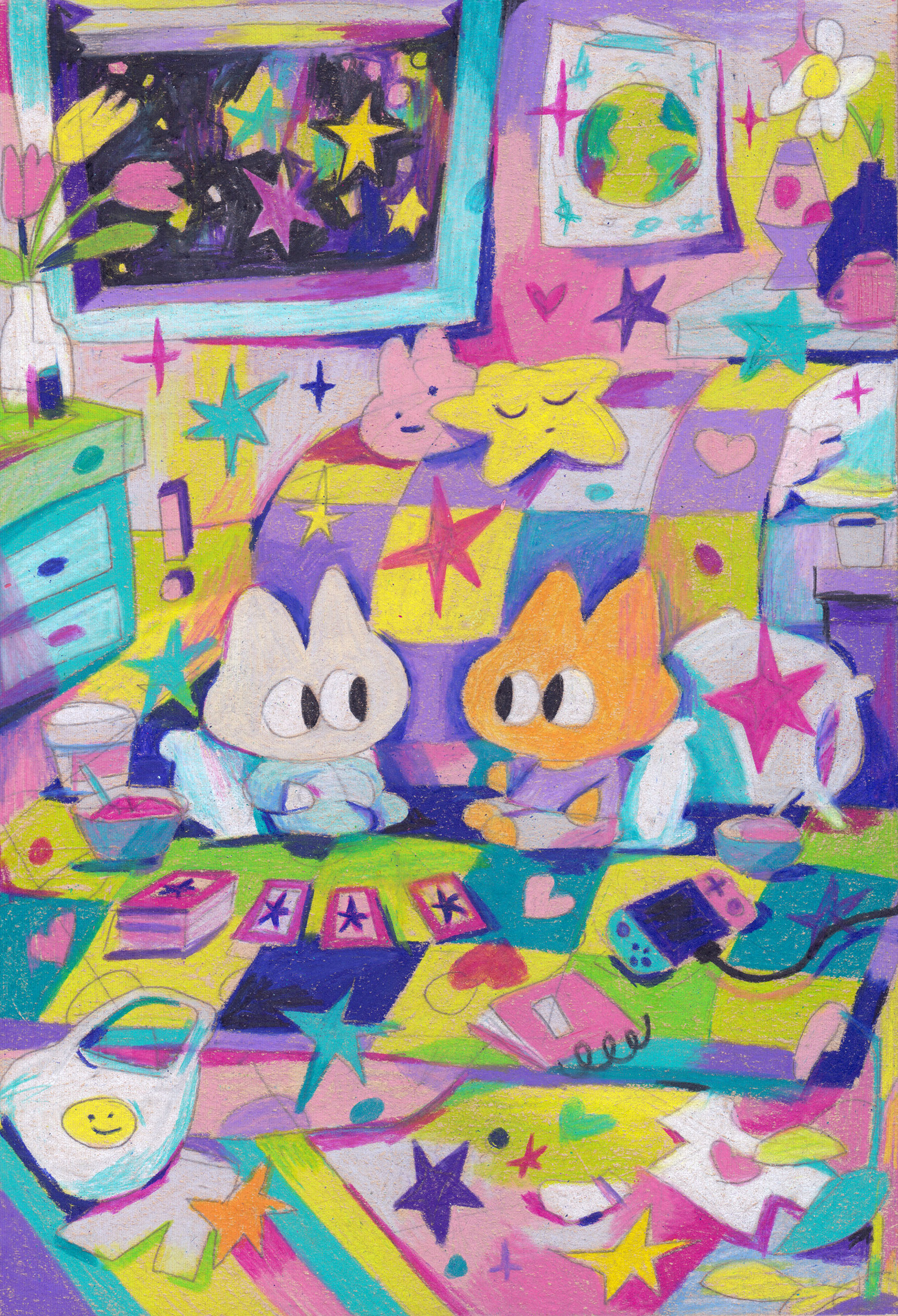 Sleepover! 5.5" x 8.5", Pencil Crayons on Toned Paper, 2024