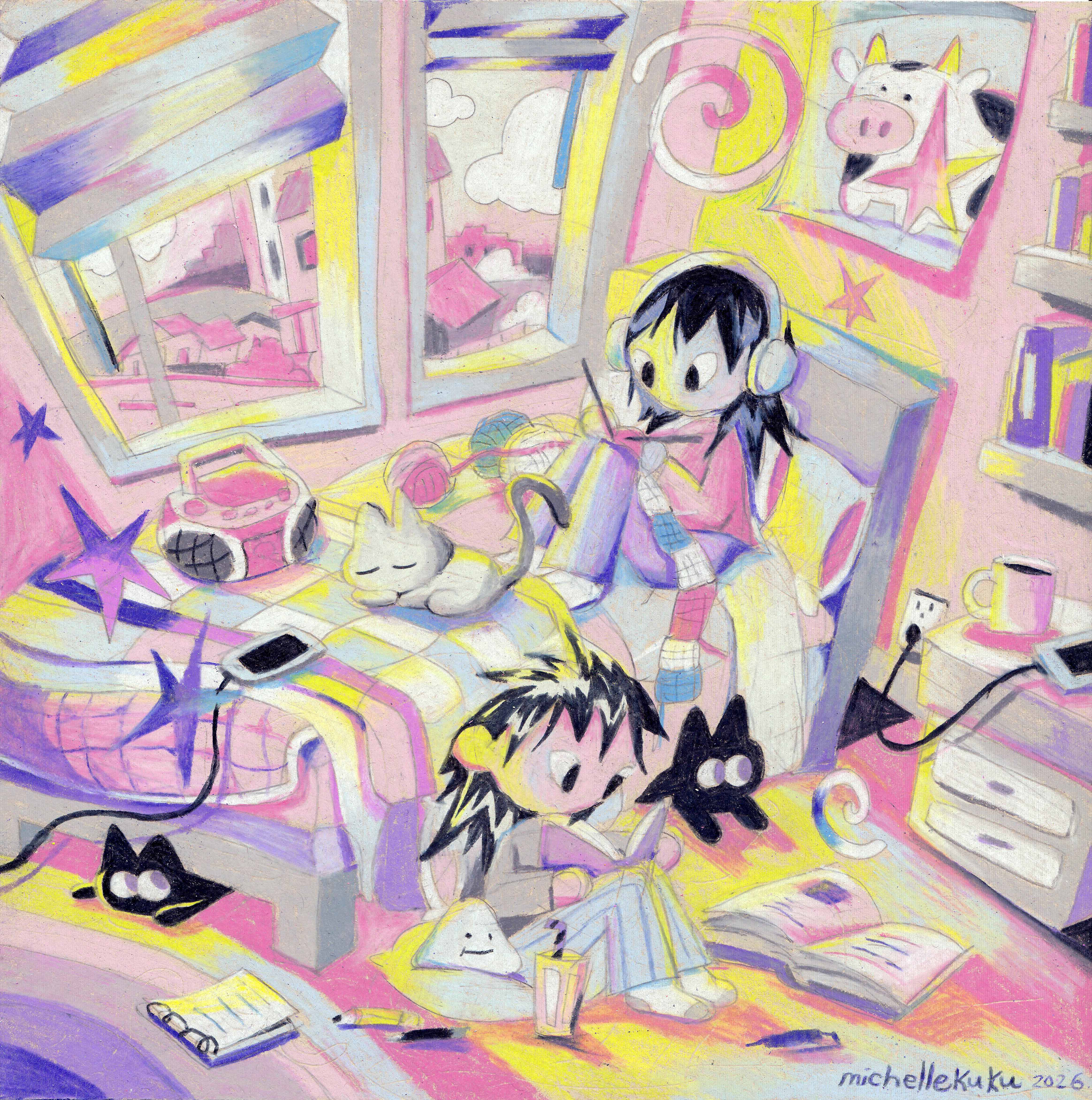 Doing Our Own Thing Together, 8"' x 8", Pencil Crayon on Toned Paper, 2026