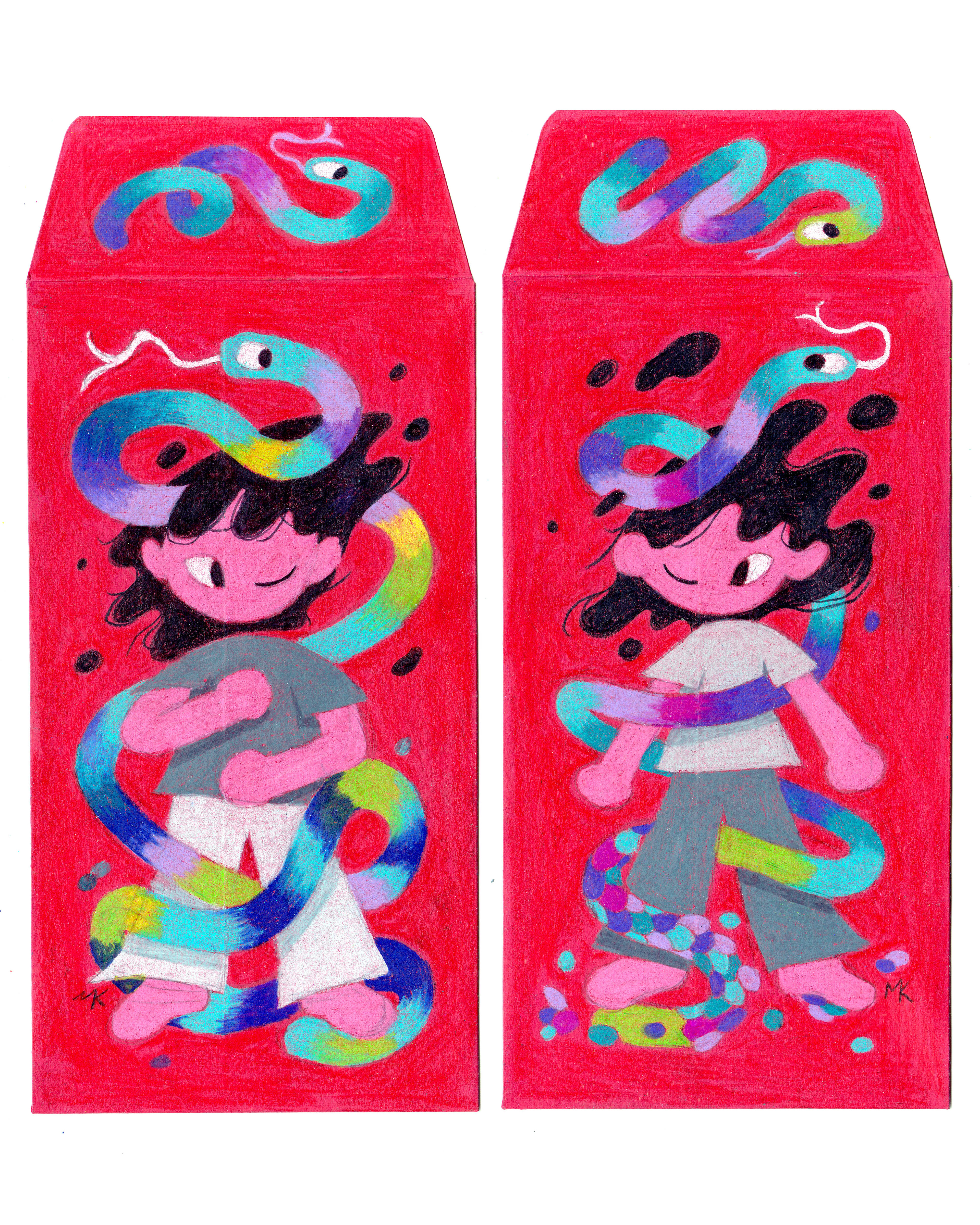 Year of the Snake, 6.5" x 3.5" each, Pencil Crayons on Red Envelope, 2025