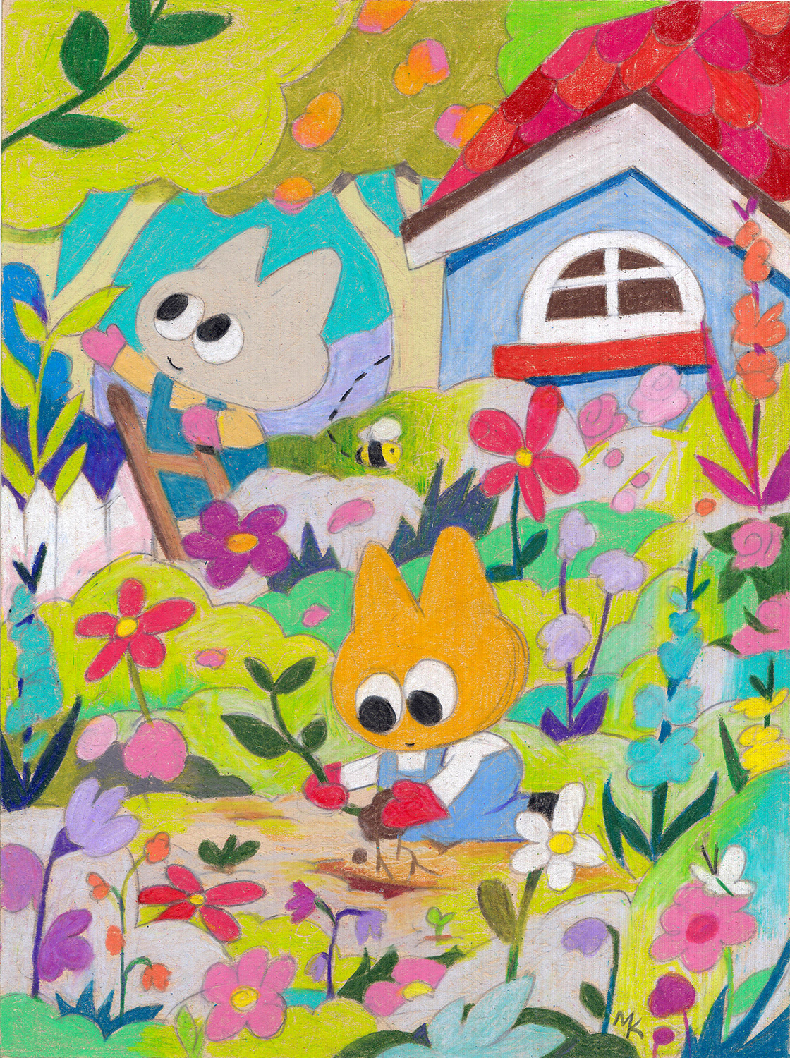 In The Garden, 6" x 8", Pencil Crayon on Toned Paper, 2025