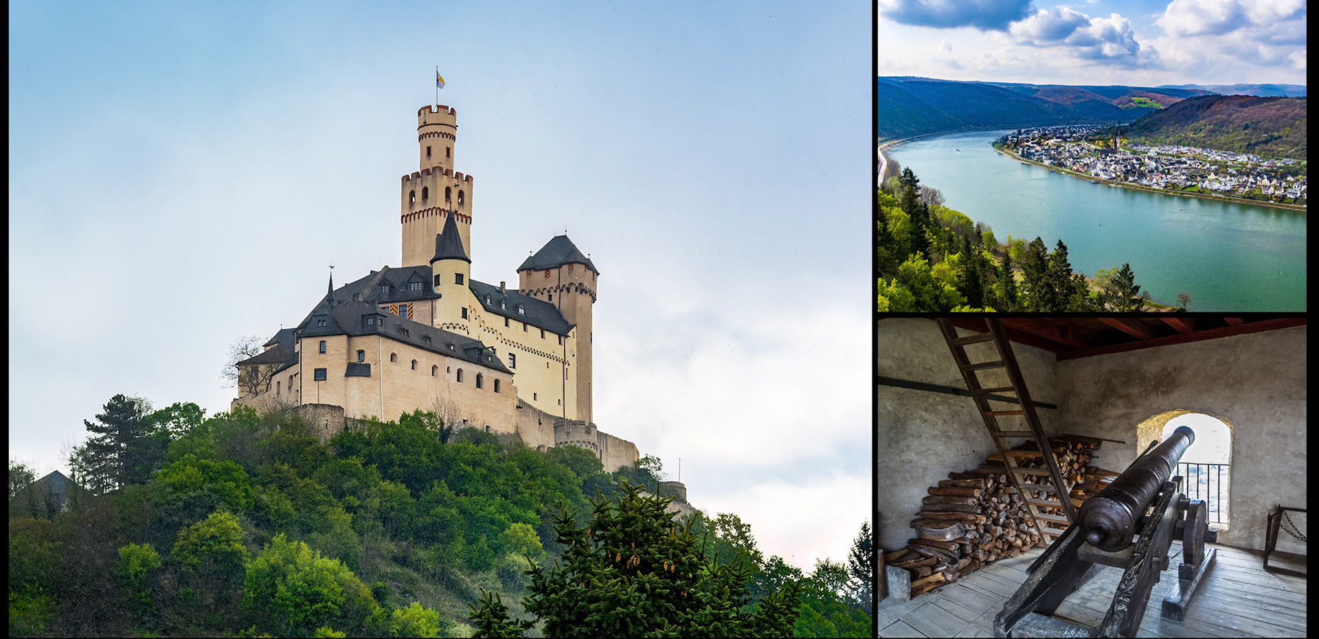 Marksburg Castle high on a hill above the Rhine River