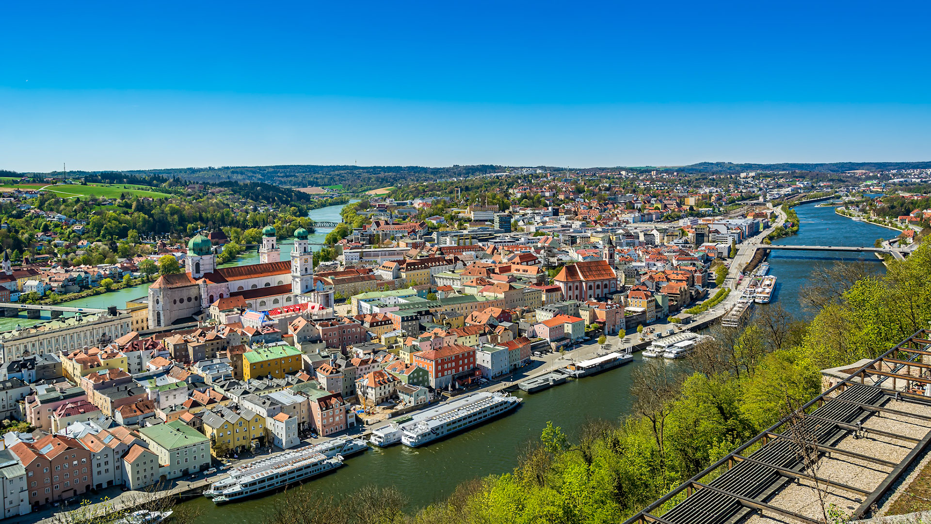 The city of Passau at the confluence of the Inn River and Danube