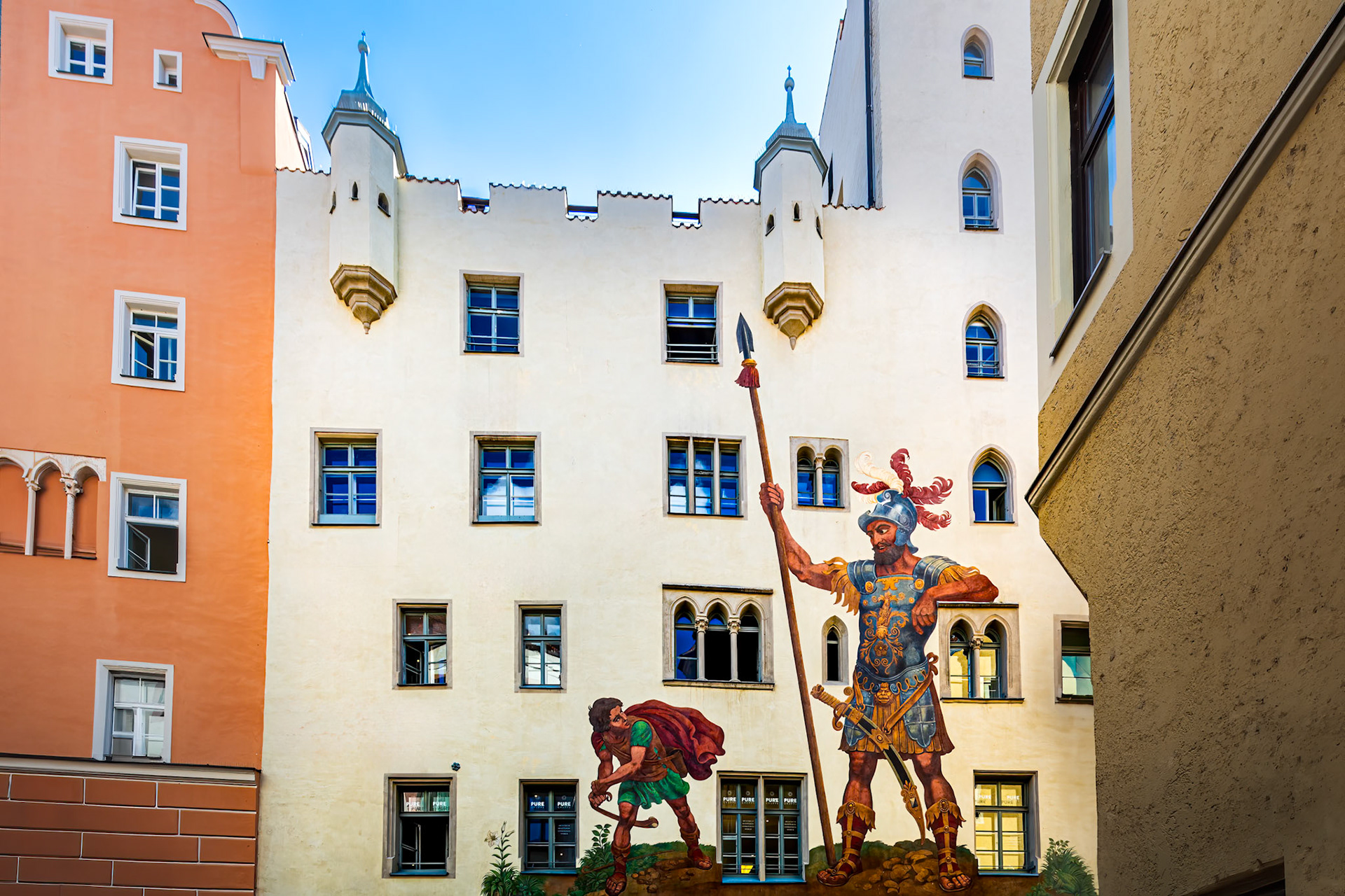 Goliath House in Regensburg. Built 1260 with mural depicting David and Goliath added in 1573