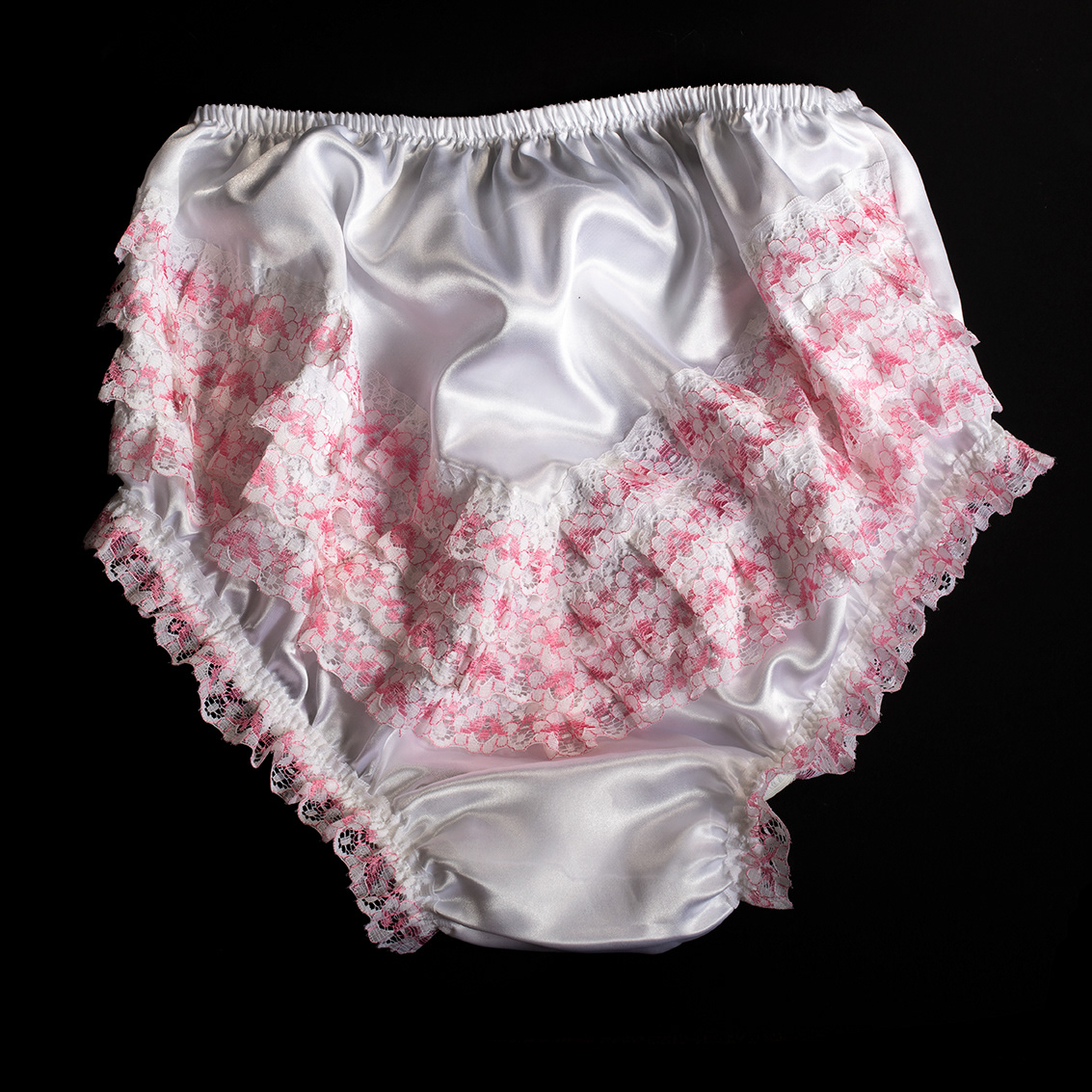Nylon Nostalgia Rosalia ruffled satin frilly knickers with pink lace sissy adult baby