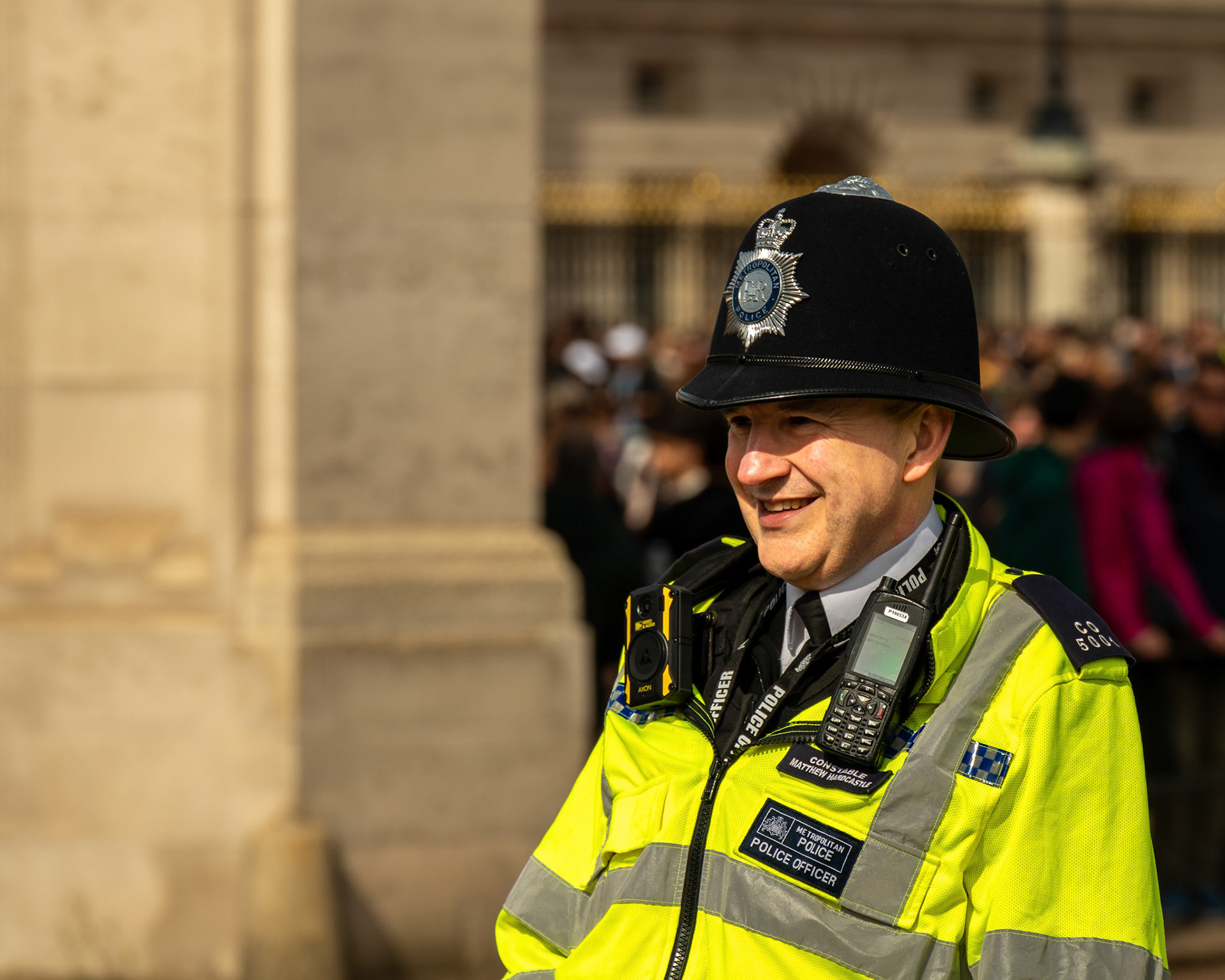 A London police officer, near Buckingham Palace during the changing of the guards