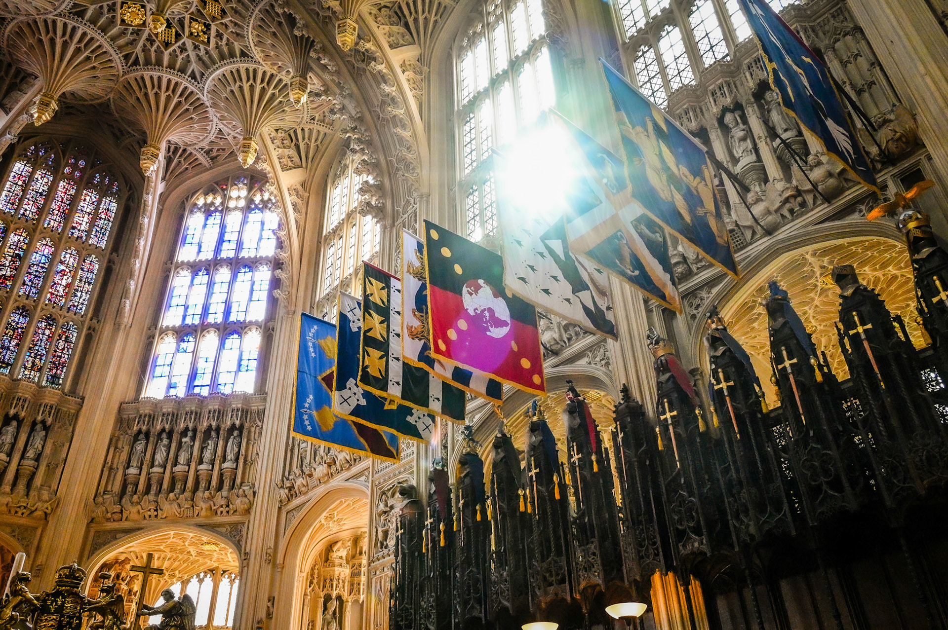 Sun shines through the clerestory windows at Westminster Abbey.