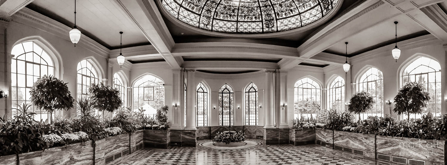 A sepia image of the conservatory at Casa Loma near Toronto.
