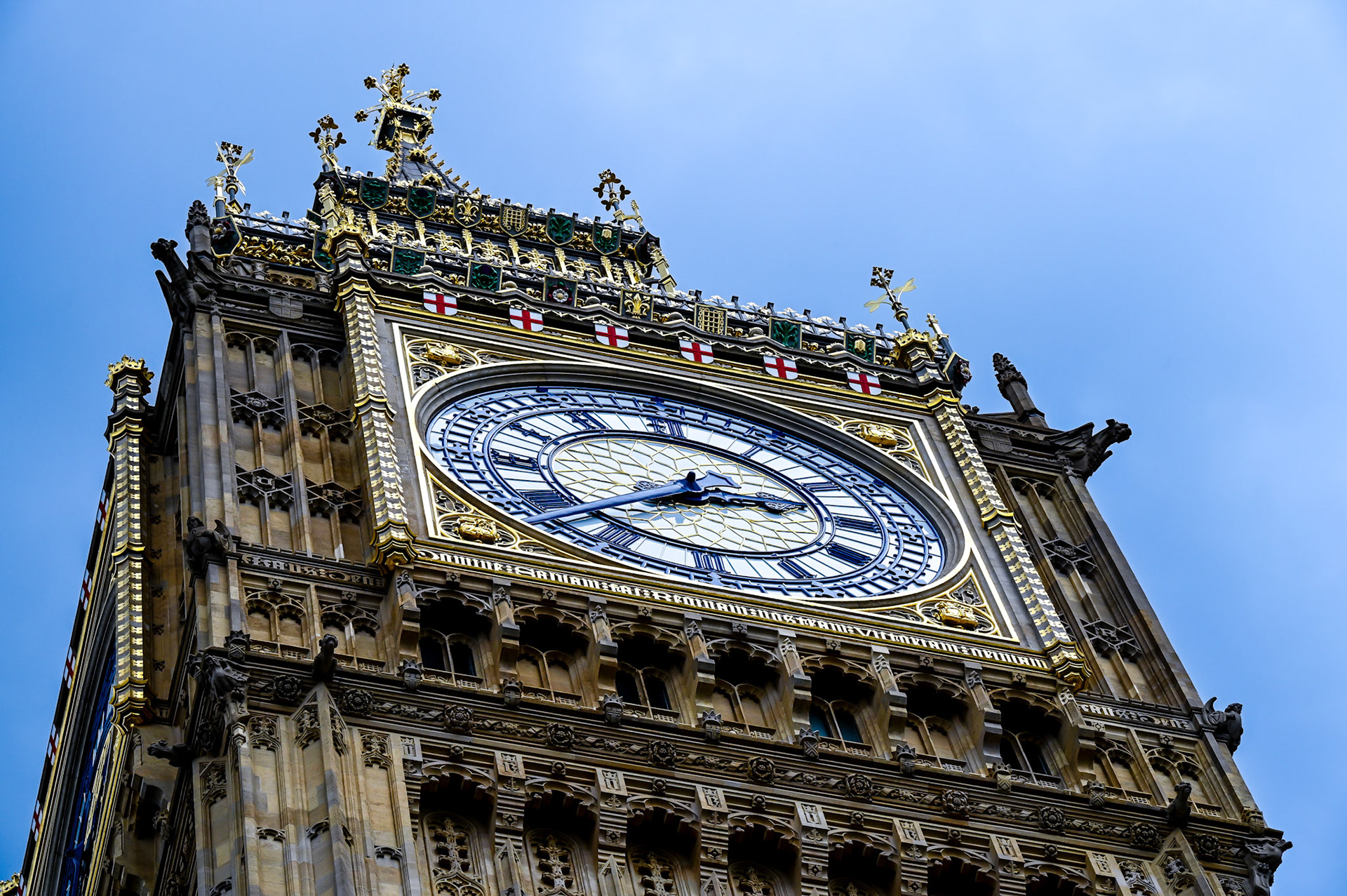 The Great Clock of Westminster, atop Elizabeth Tower at the Palace of Westminster (Parliament building) in London.  ("Big Ben" is the bell.)