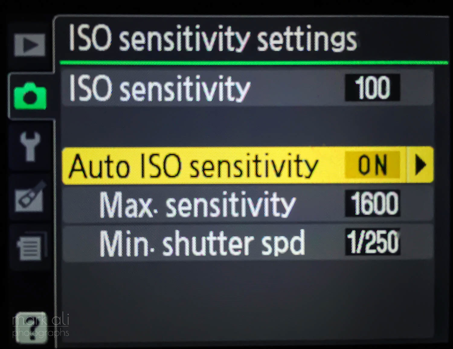 A camera's ISO settings screen