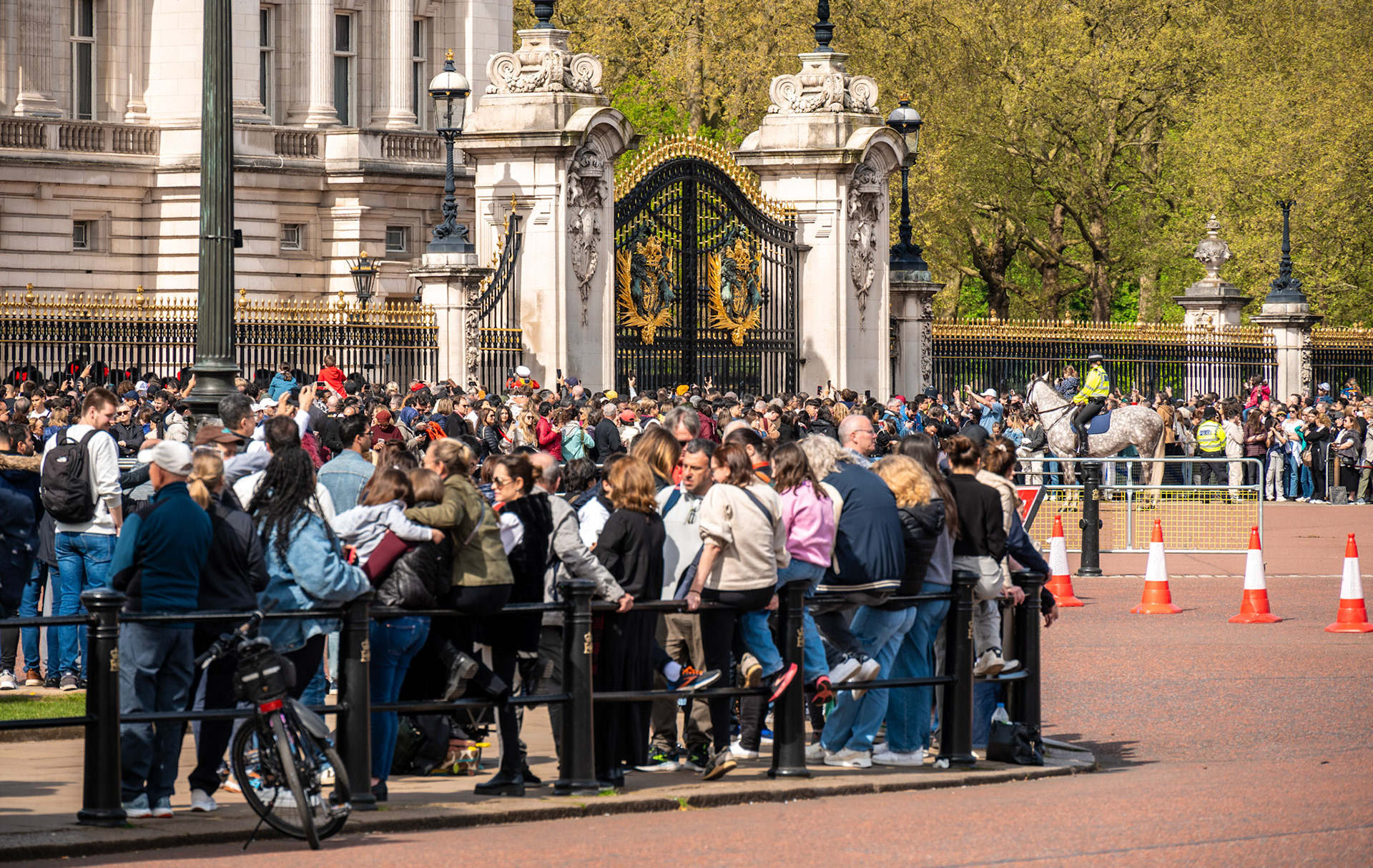 The huge crowd of people outside the gates of Buckingham Palace, awaiting the Changing of the Guard.