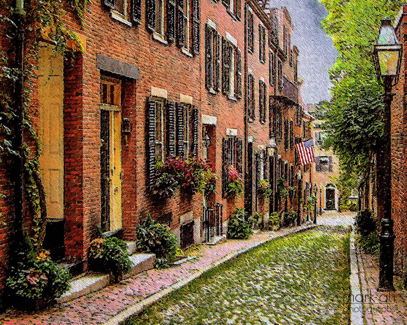 Boston's Acorn Street, rendered as an oil painting.