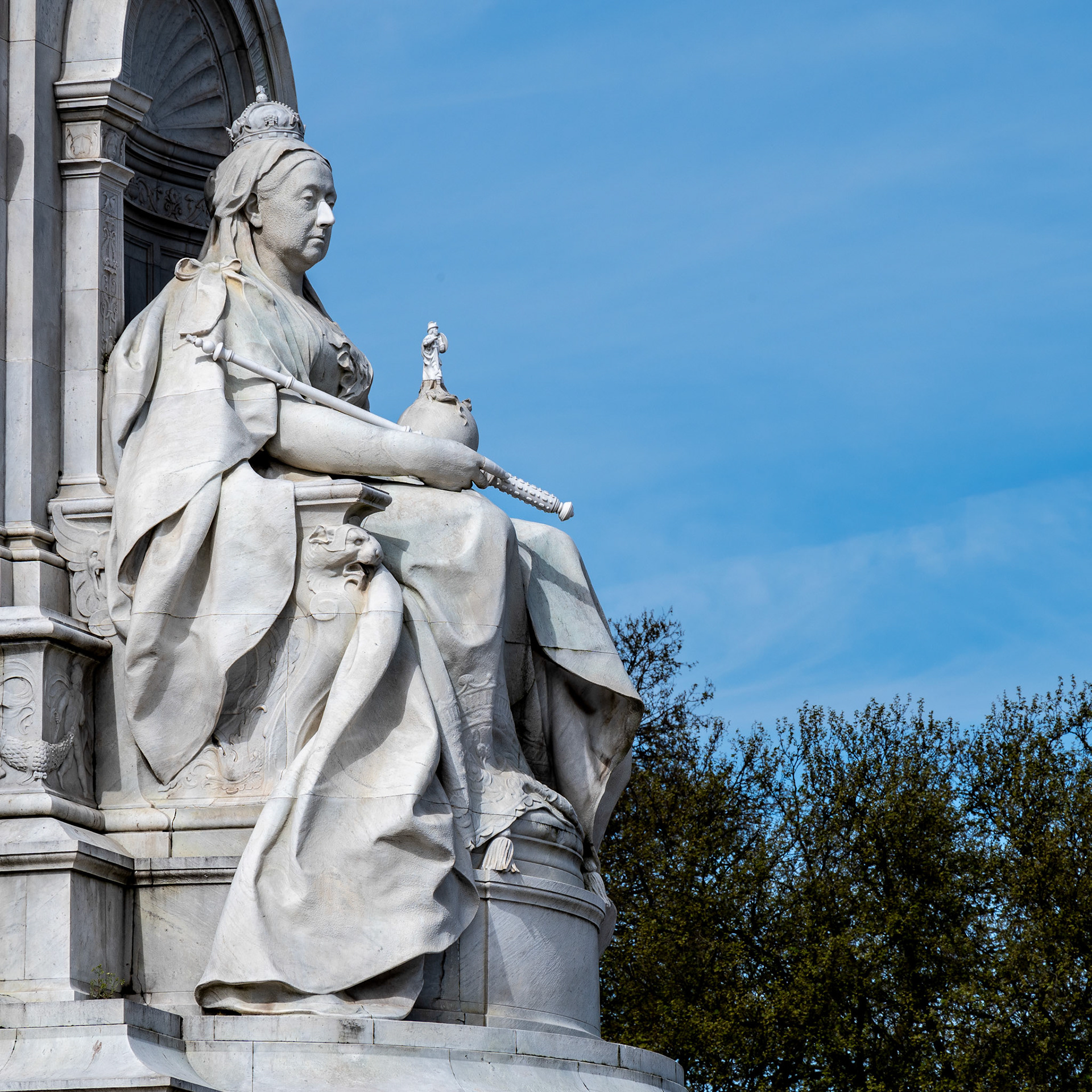 The statue of Queen Victoria, on the Victoria Memorial outside of Buckingham Palace