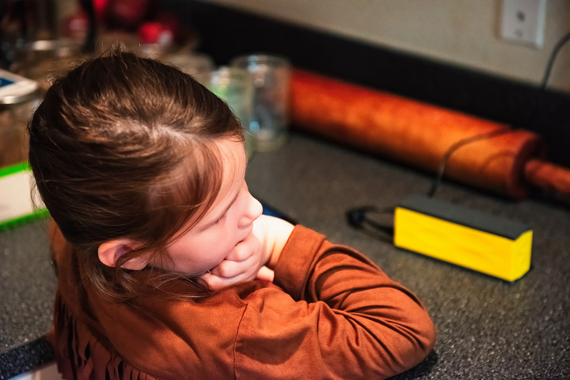 My daughter listens to Stan Rogers with me, in front of canned chicken stock.