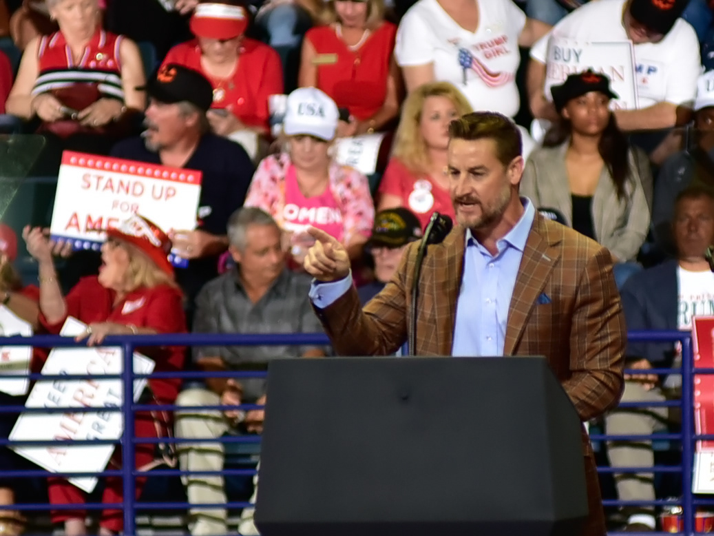Florida Senate Member Greg Steube speaks before a capacity crowd during a “Make America Great Again” rally with President Donald Trump, in Estero Florida on Wednesday, Oct 31, 2018.  Steube is running in the General Election for the Florida 17th Congressional District in the U.S. House.  