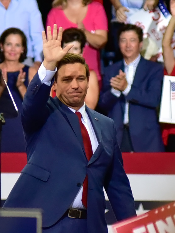 Florida Gubernatorial Candidate Ron DeSantis gestures to the crowd at a “Make America Great Again” rally with President Donald Trump, in Estero Florida on Wednesday, Oct 31, 2018.