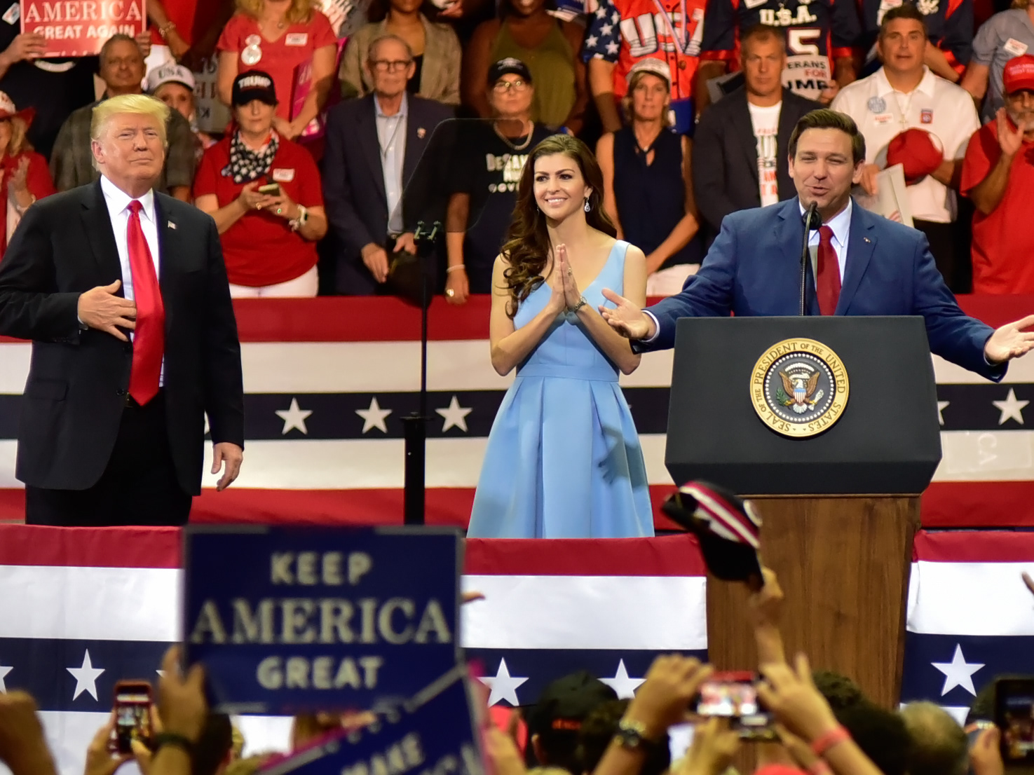 Florida Gubernatorial Candidate Ron DeSantis gestures to the crowd at a “Make America Great Again” rally with President Donald Trump, in Estero Florida on Wednesday, Oct 31, 2018.