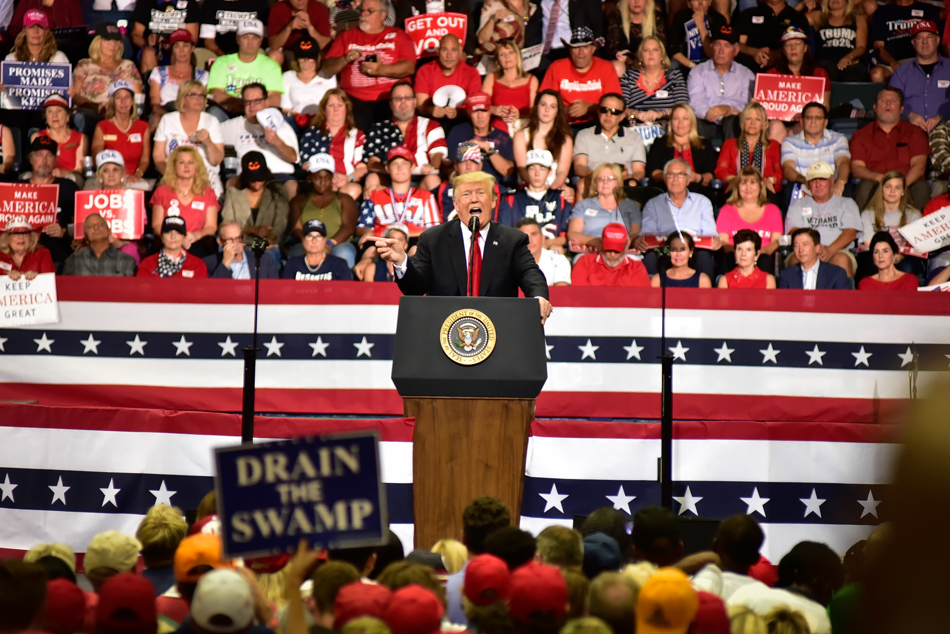 President Donald Trump speaks before a capacity crowd at a rally at Hertz Arena, in Estero Florida, on Wednesday, Oct 31, 2018.
