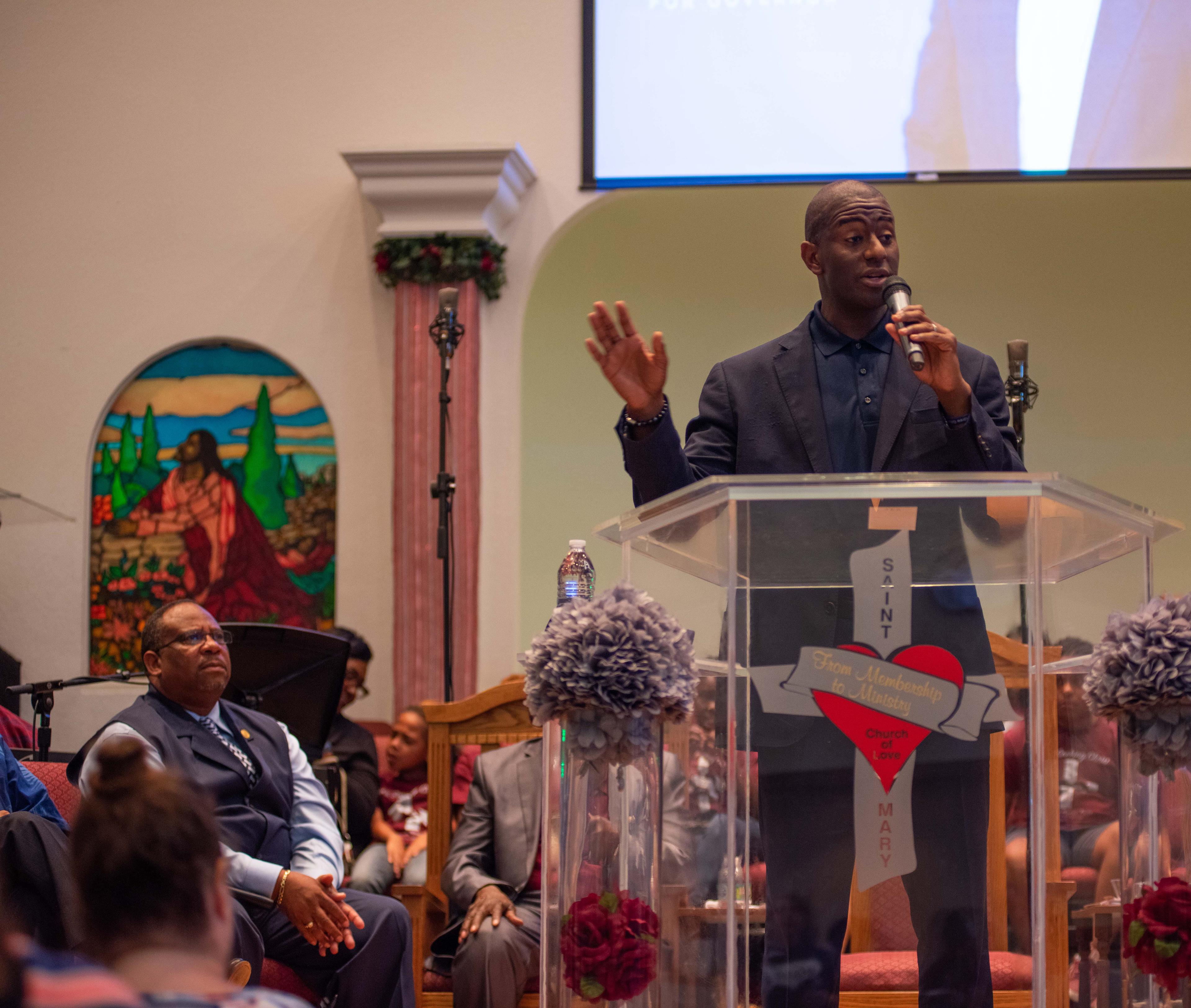 Florida Gubernatorial Candidate Andrew Gillem speaks to supporters at at Saint Mary Primitive Baptist Church, on Tuesday, Oct. 30, 2018, in Punta Gorda, Fla.