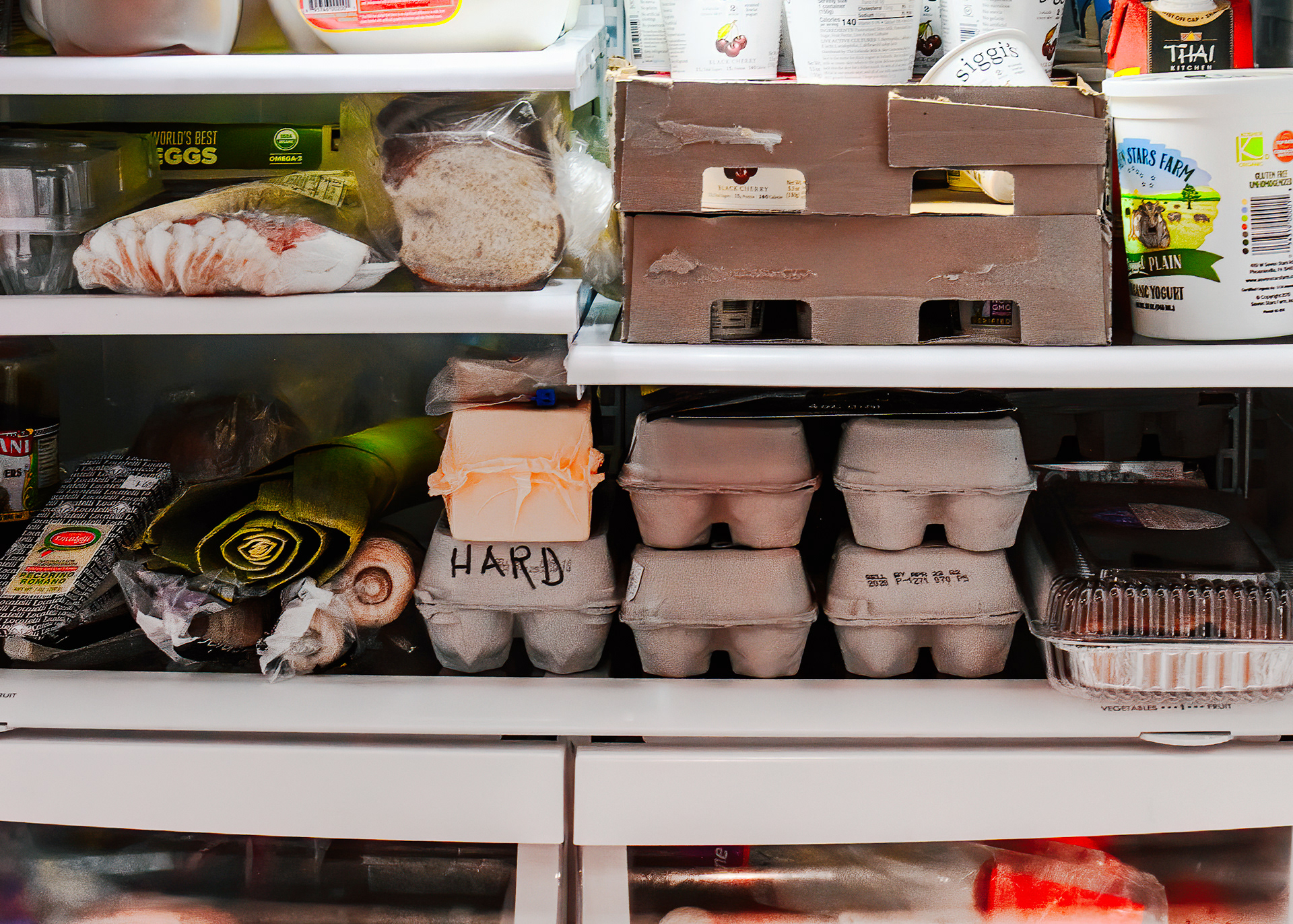 Our refrigerator while we under lockdown. The eggs marked "hard" have been hard-boiled by my wife.