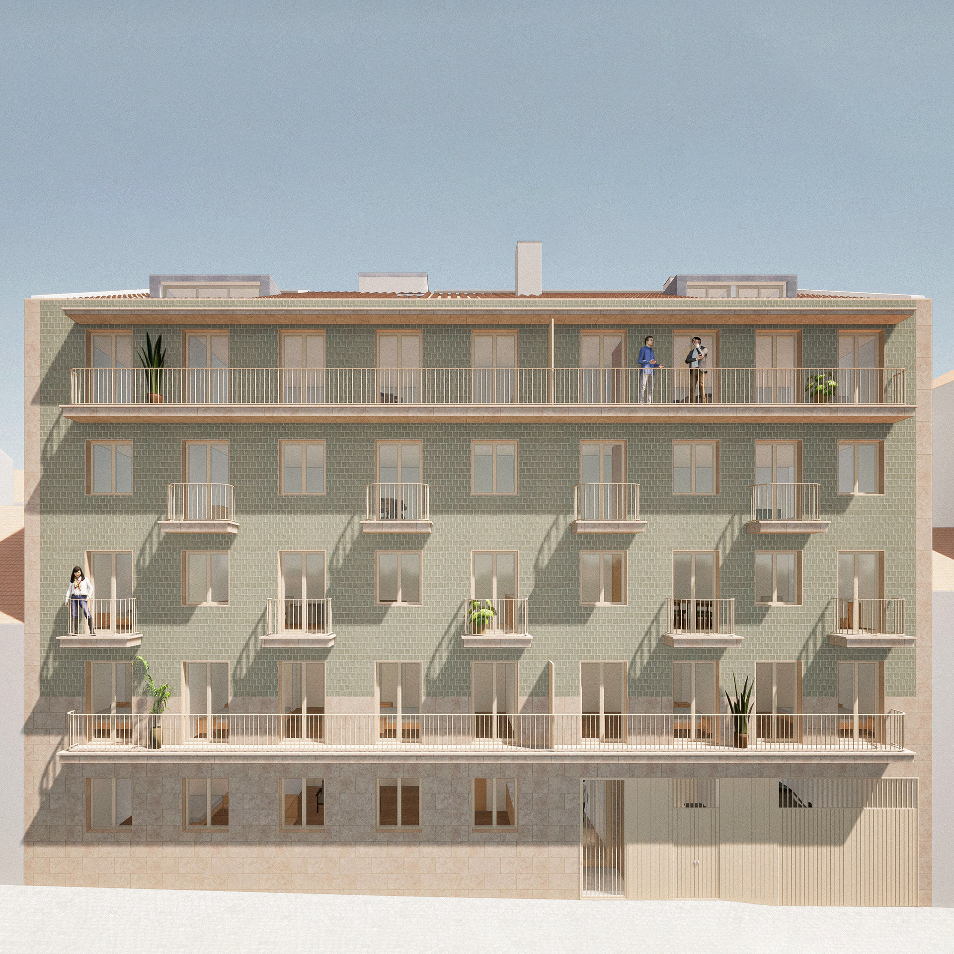 Imagem 3d do alçado de edifício em azulejo e lioz.