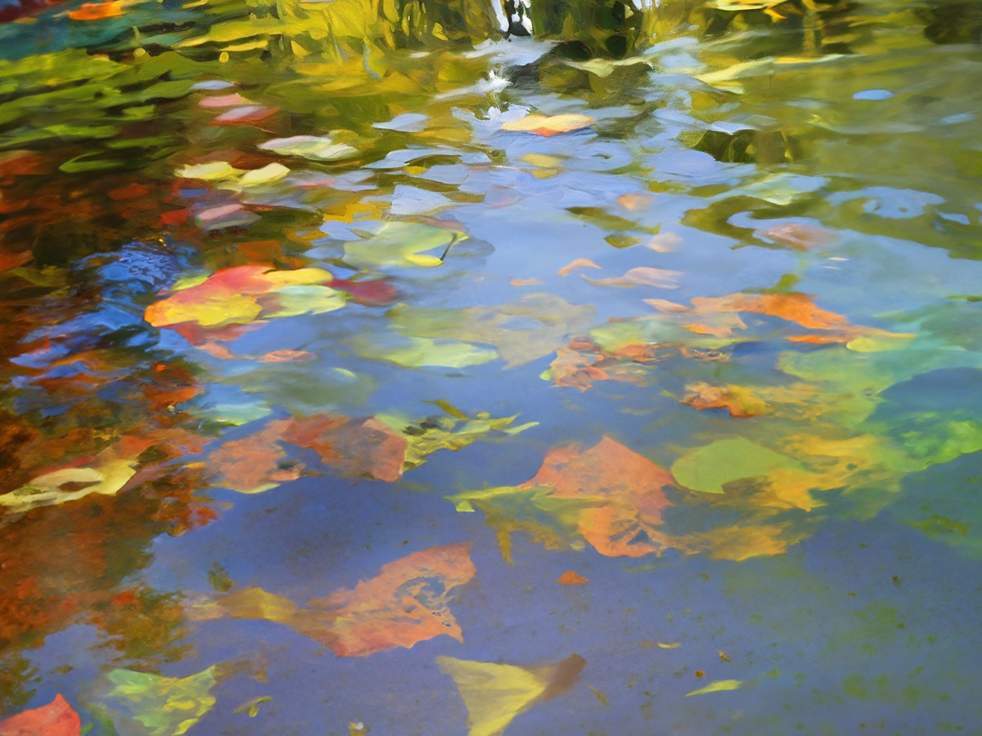 I had this idea for wall art for our new home. I was inspired by Monet's Water Lilies series and started an AI painting based on a photo I had taken last fall, and kept refining until it sang.