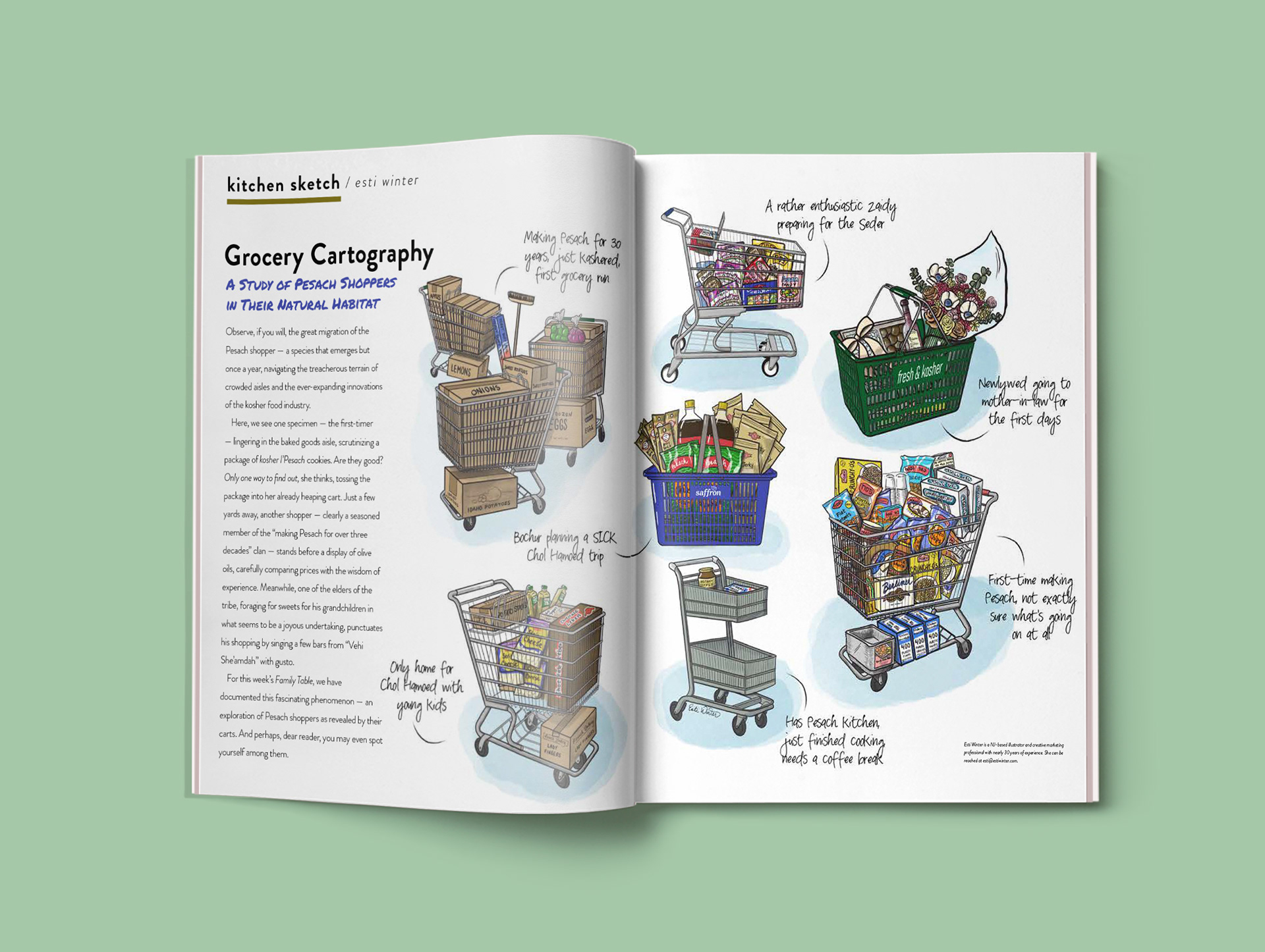 Recent artwork in the Mishpacha Family Table magazine. I was thrilled to be featured in a recurring article that focuses on food-related humor over the course of the year.