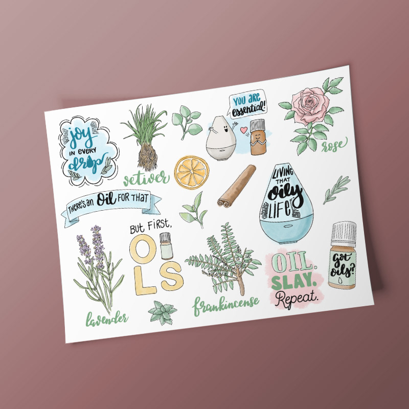 A sticker page commission for the owner of an oil diffuser company.