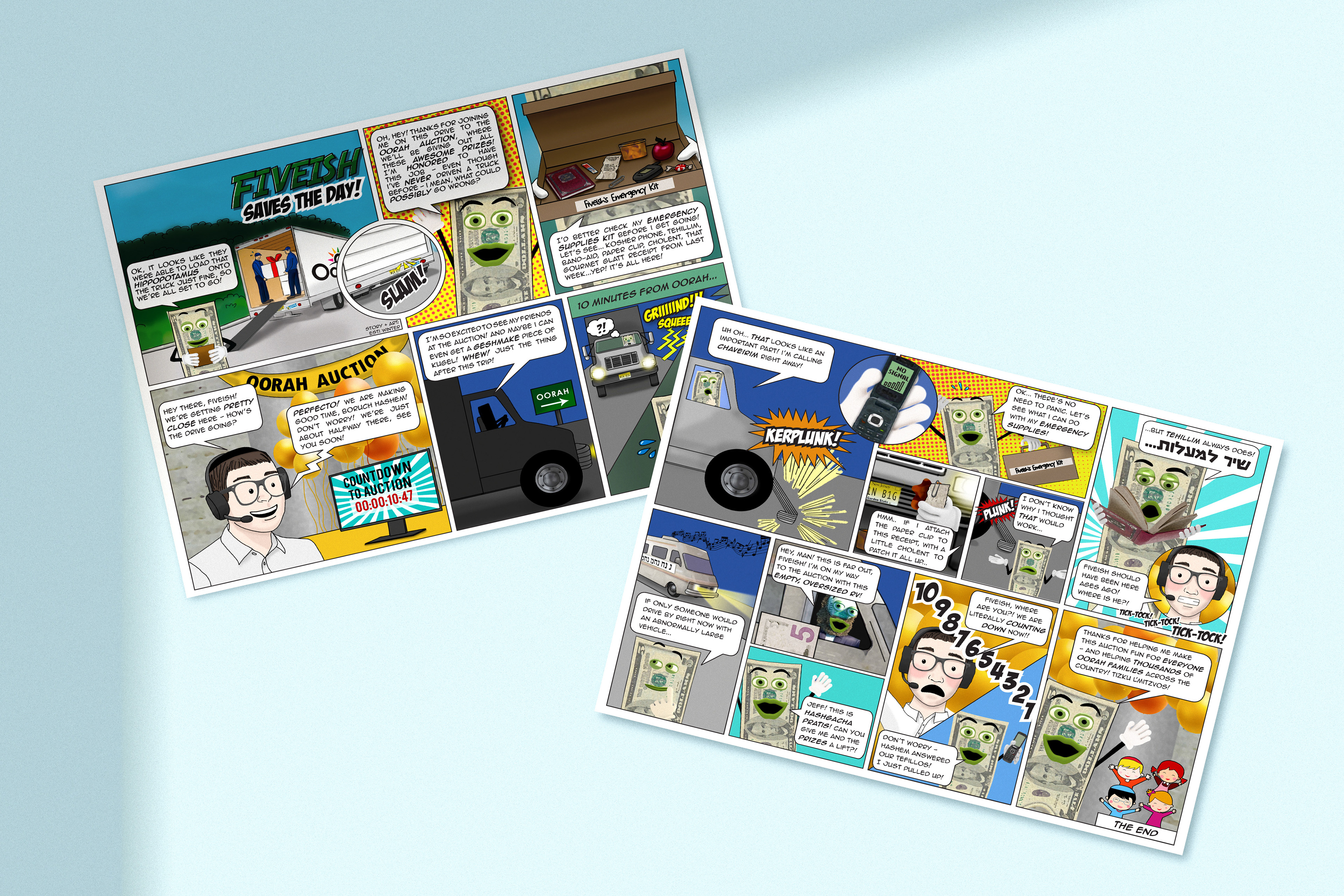 Comics for Oorah's auction book, featuring Fiveish.