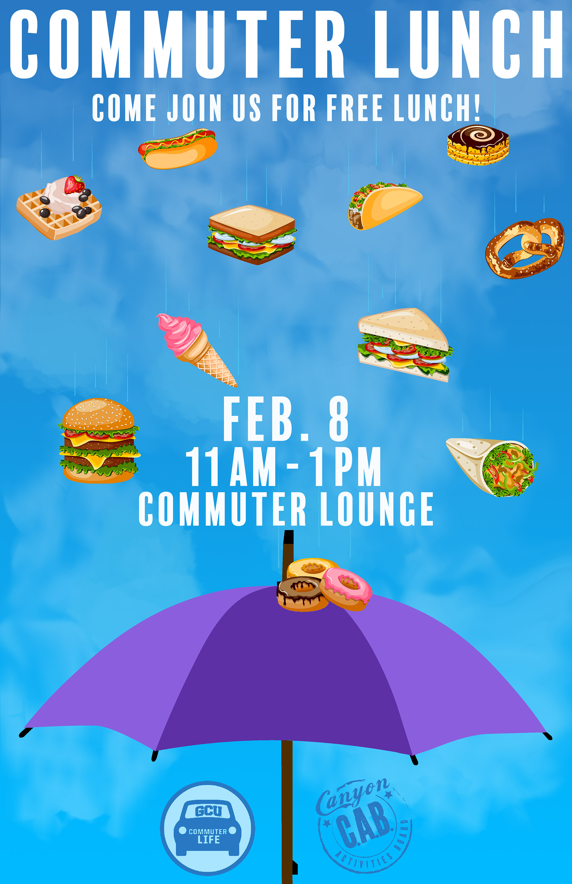 For the Commuter Lunch event poster, the client wanted the concept to be "raining food." The food vectors were provided for my use.