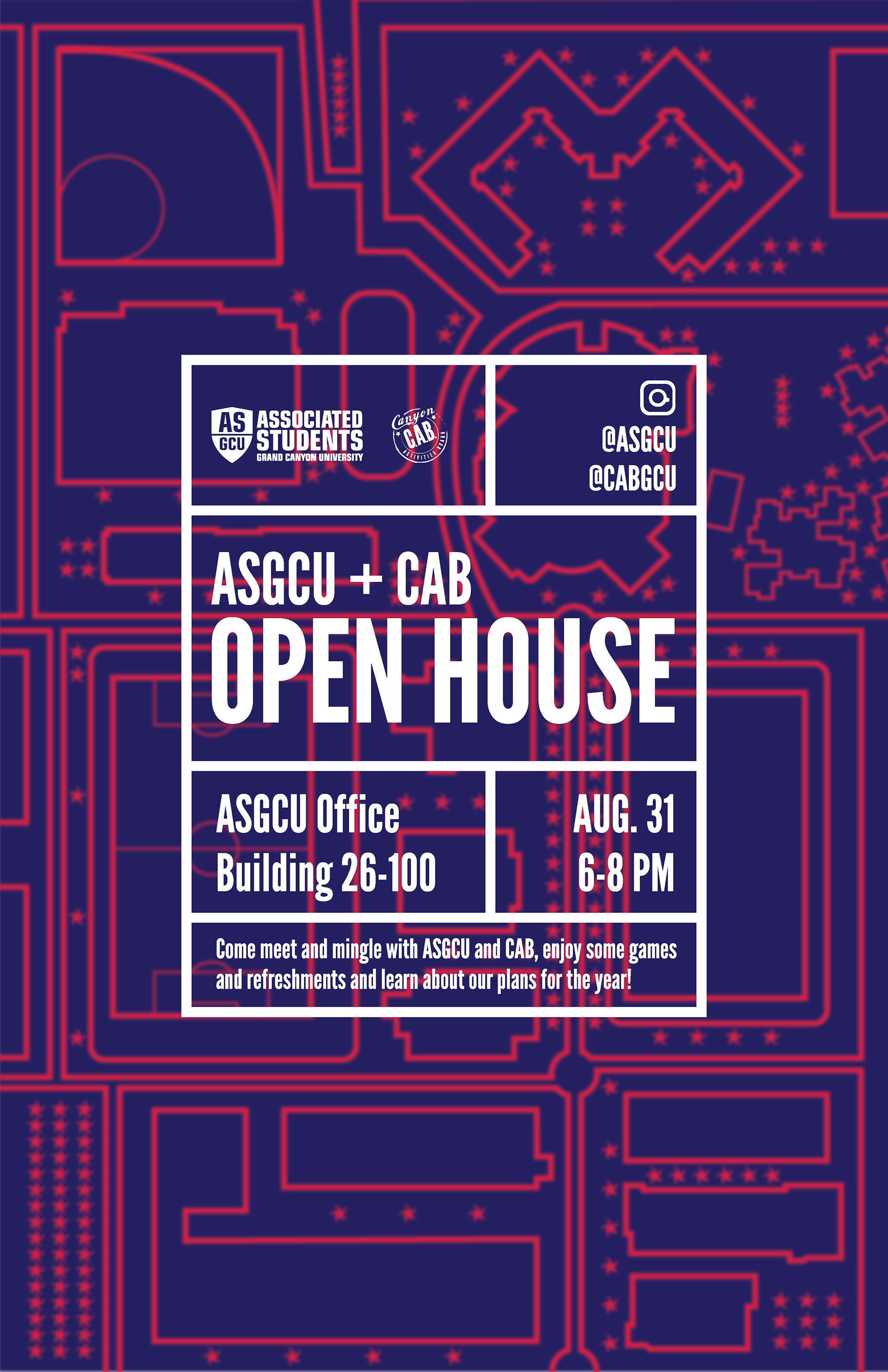 The ASGCU + CAB Open House poster has a partial campus map as the background with the event details on top.